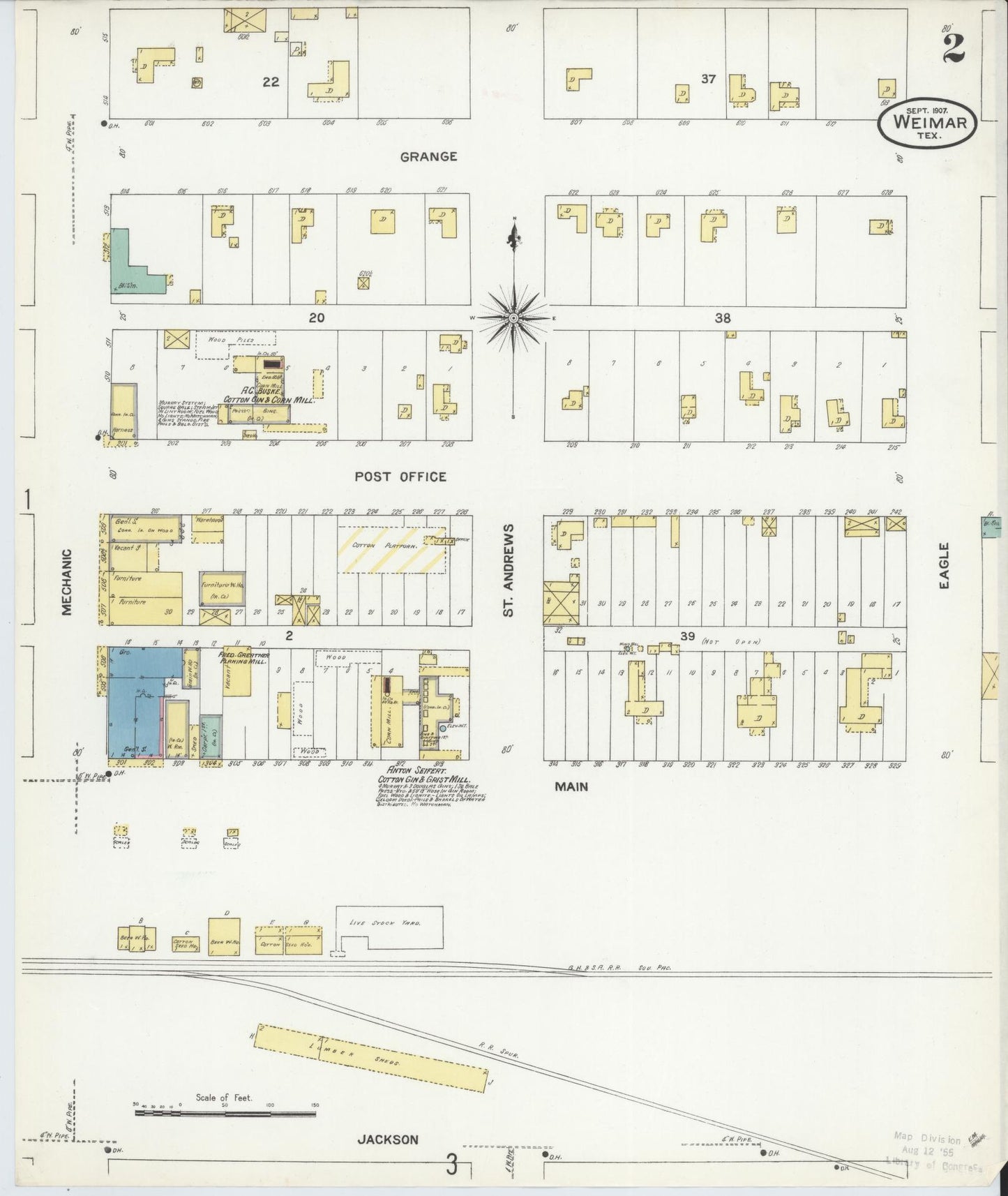 Sanborn Fire Insurance Map from Weimar, Colorado County, Texas (1907), Sheet #0002 - Complete Map Set gallery image, historic Sanborn map, vintage wall art, Weimar Colorado