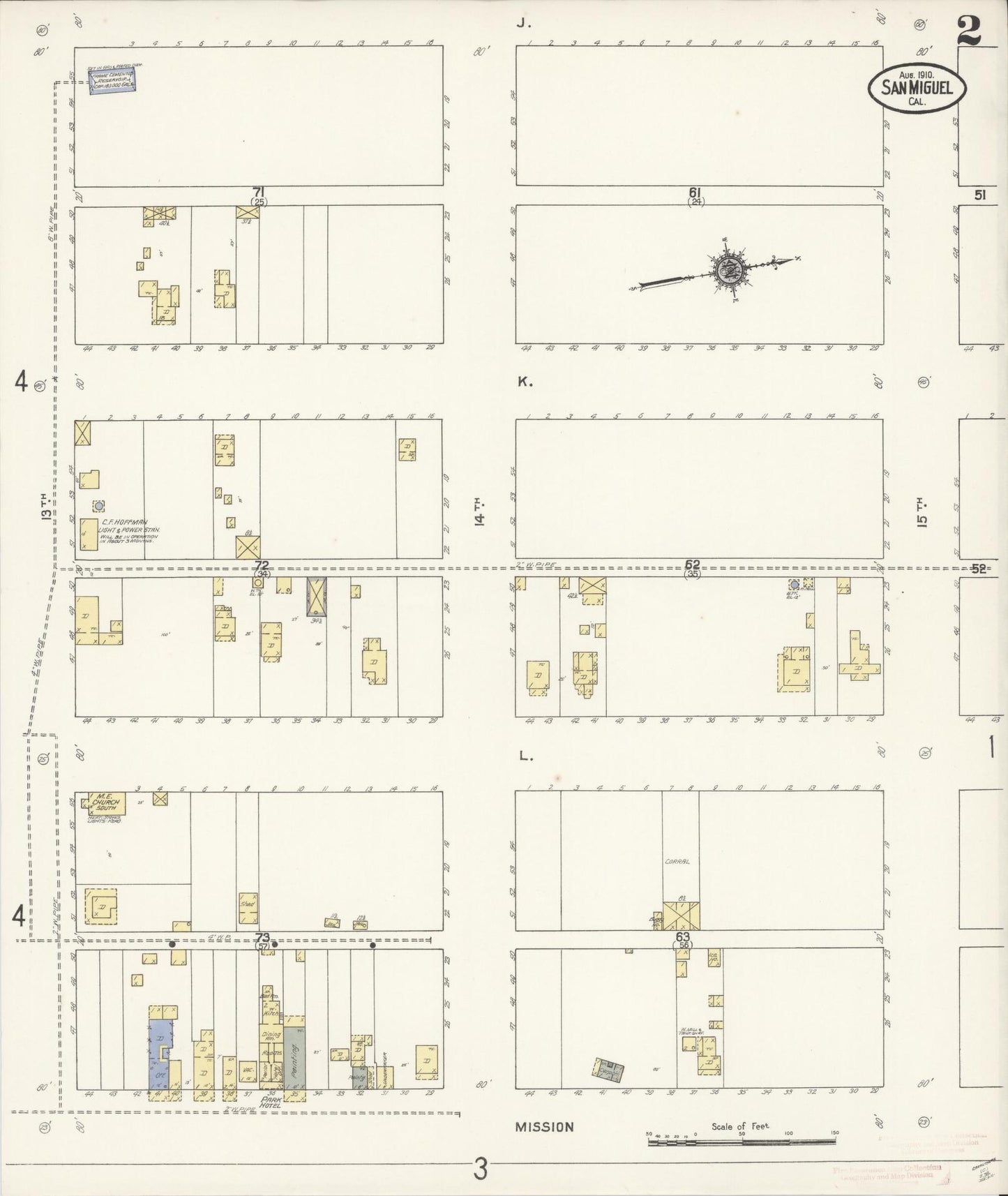 Sanborn Fire Insurance Map from San Miguel, San Luis Obispo County, California (1910), Sheet #0002 - Complete Map Set gallery image, historic Sanborn map, vintage wall art, California California