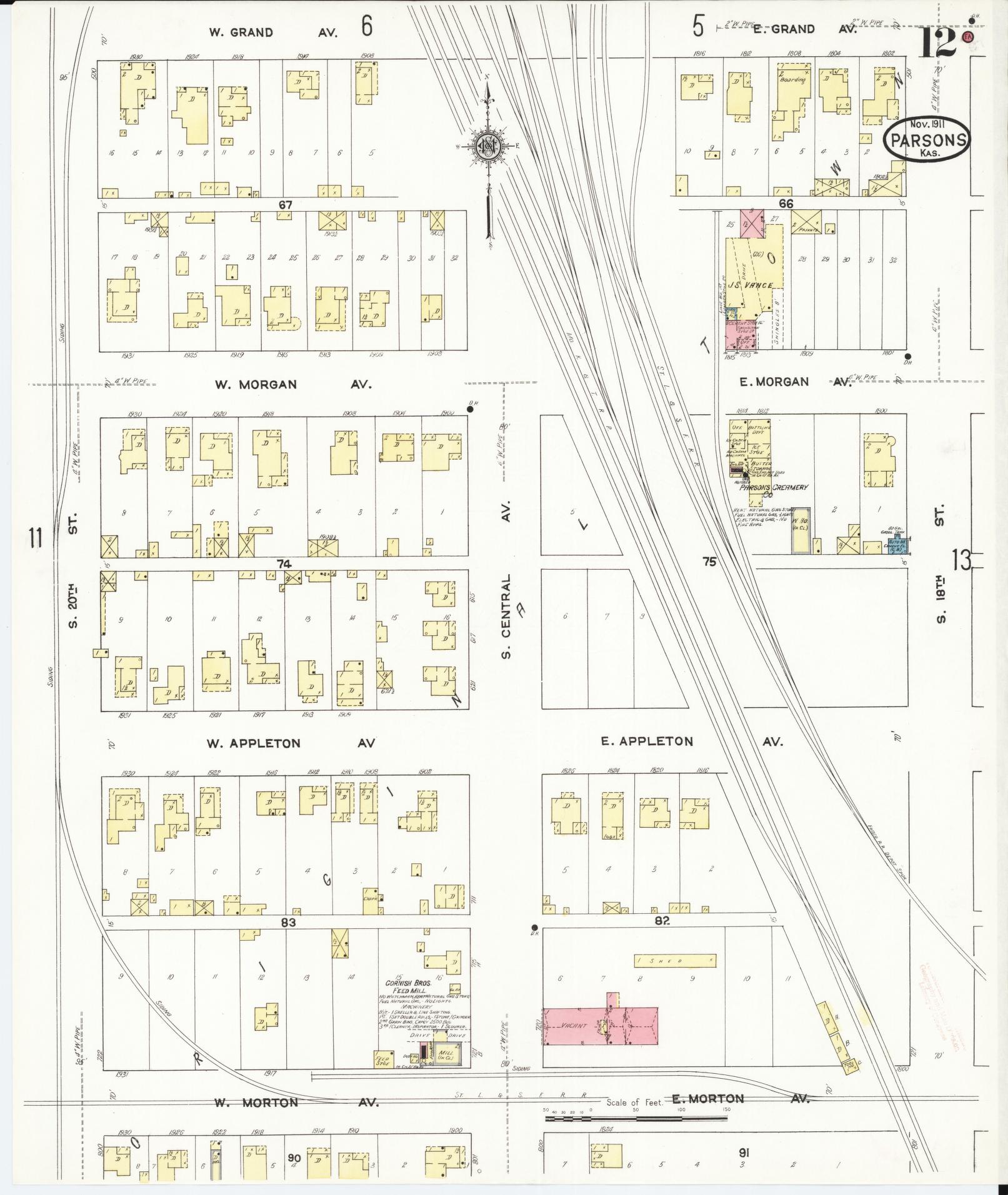 Sanborn Fire Insurance Map from Parsons, Labette County, Kansas (1911), Sheet #0012 - Complete Map Set gallery image, historic Sanborn map, vintage wall art, Kansas Kansas