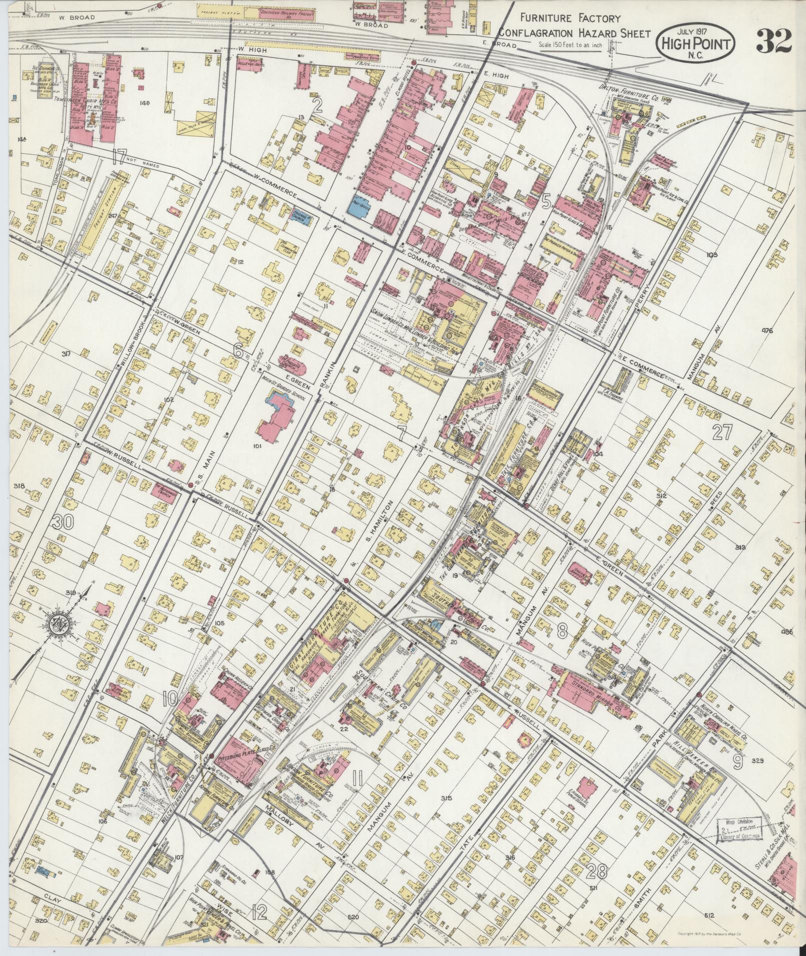 Sanborn Fire Insurance Map from High Point, Guilford County, North Carolina (1917), Sheet #0032 - Historic Sanborn Fire Insurance Map Print, vintage old map wall art, antique decor, genealogy gift, North Carolina North Carolina map