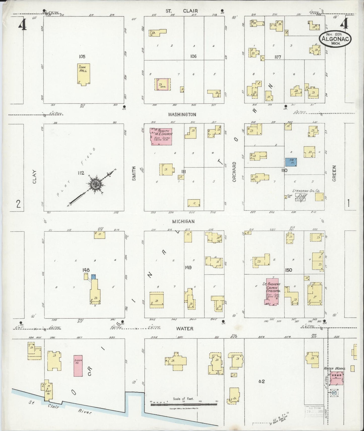 Sanborn Fire Insurance Map from Algonac, Saint Clair County, Michigan (1924), Sheet #0004 - Complete Map Set gallery image, historic Sanborn map, vintage wall art, Michigan Michigan