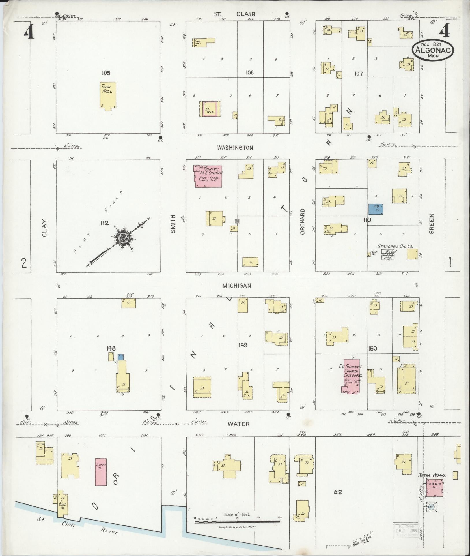 Sanborn Fire Insurance Map from Algonac, Saint Clair County, Michigan (1924), Sheet #0004 - Complete Map Set gallery image, historic Sanborn map, vintage wall art, Michigan Michigan