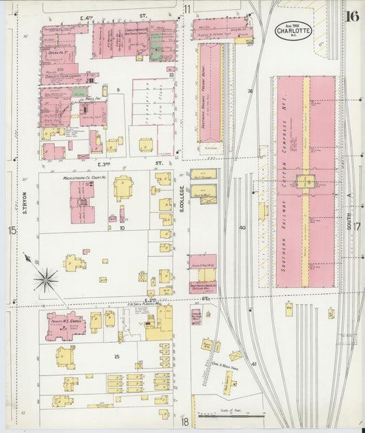 Sanborn Fire Insurance Map from Charlotte, Mecklenburg County, North Carolina (1900), Sheet #0016 - Historic Sanborn Fire Insurance Map Print, vintage old map wall art, antique decor, genealogy gift, North Carolina North Carolina map