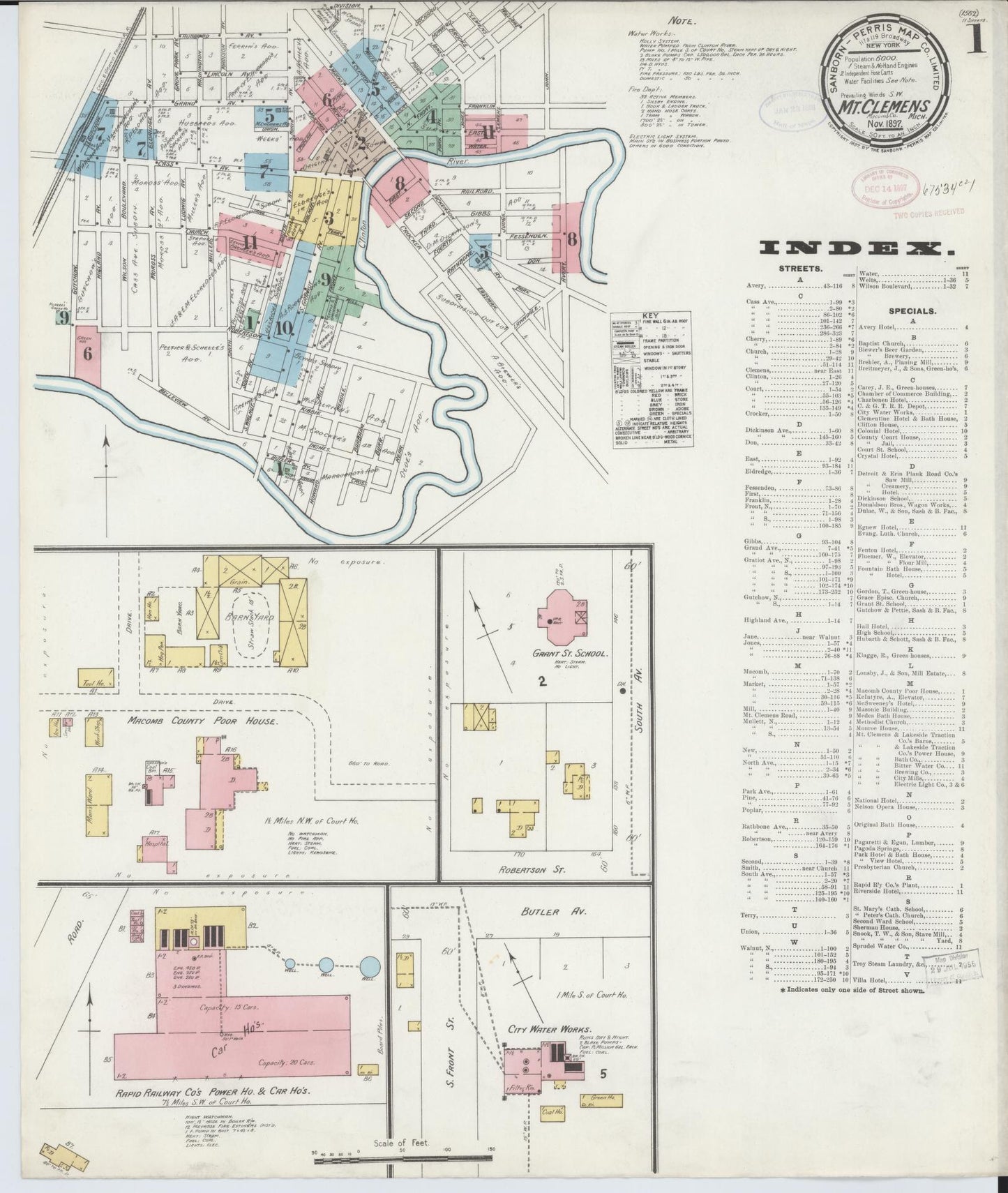 Sanborn Fire Insurance Map from Mount Clemens, Macomb County, Michigan (1897), Sheet #0001 - Historic Sanborn Fire Insurance Map Print, vintage old map wall art, antique decor, genealogy gift, Michigan Michigan map