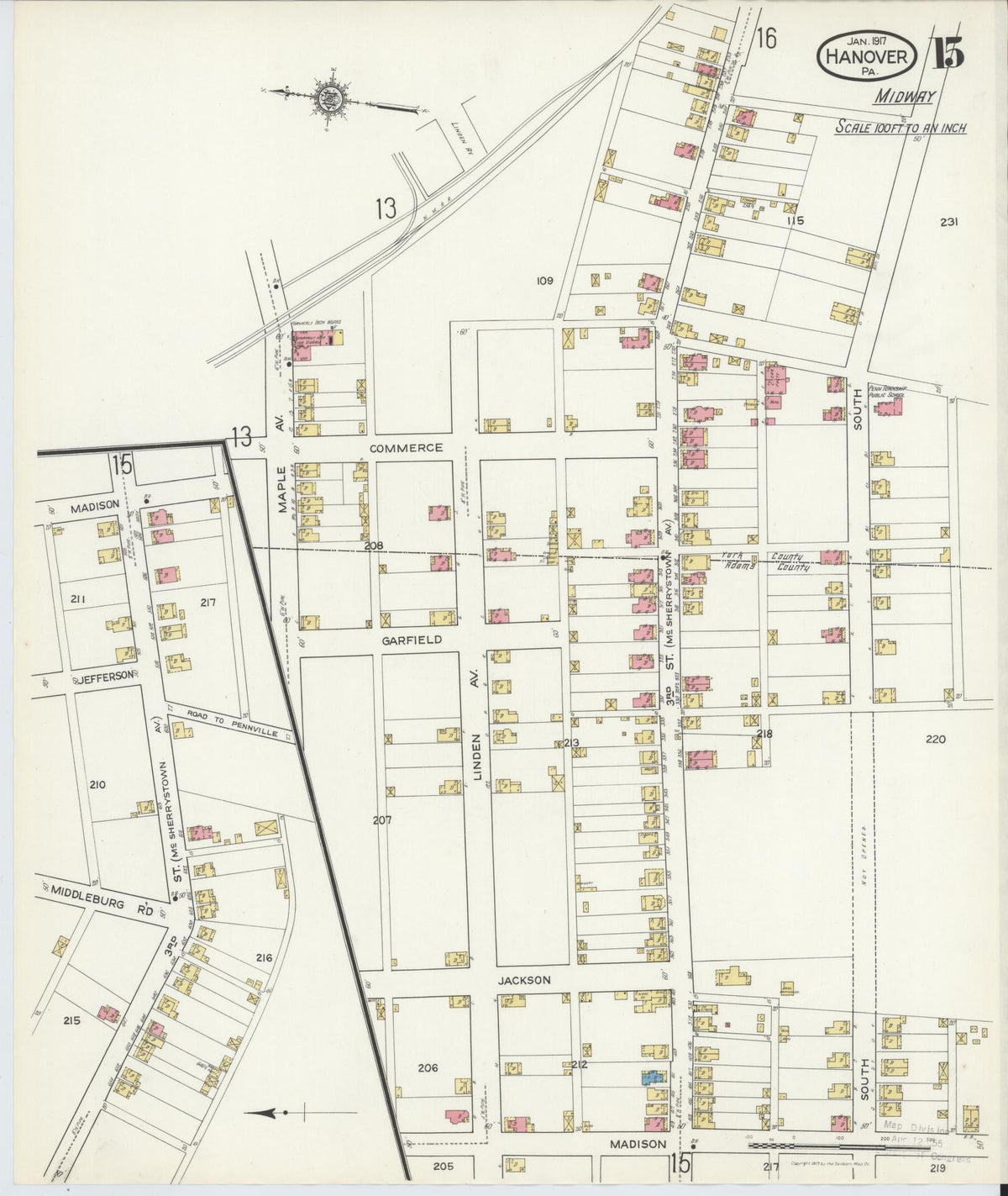 Sanborn Fire Insurance Map from Hanover, York County, Pennsylvania (1917), Sheet #0015 - Complete Map Set gallery image, historic Sanborn map, vintage wall art, Pennsylvania Pennsylvania