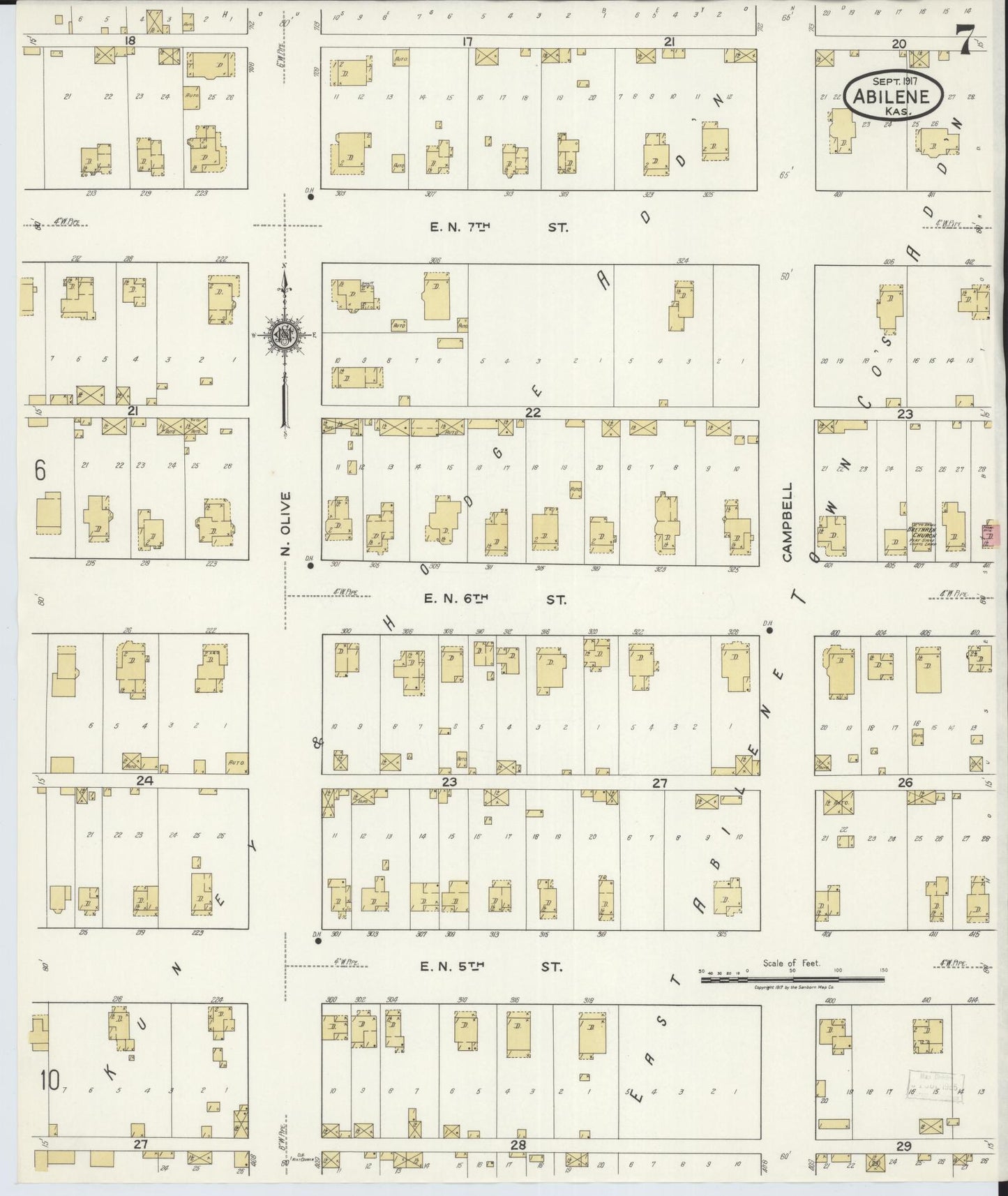 Sanborn Fire Insurance Map from Abilene, Dickinson County, Kansas (1917), Sheet #0007 - Complete Map Set gallery image, historic Sanborn map, vintage wall art, Kansas Kansas