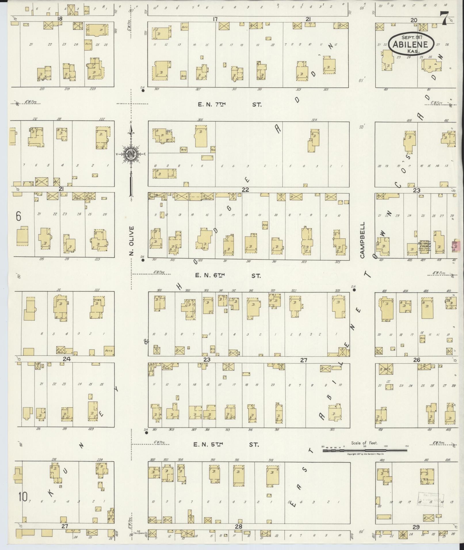 Sanborn Fire Insurance Map from Abilene, Dickinson County, Kansas (1917), Sheet #0007 - Complete Map Set gallery image, historic Sanborn map, vintage wall art, Kansas Kansas
