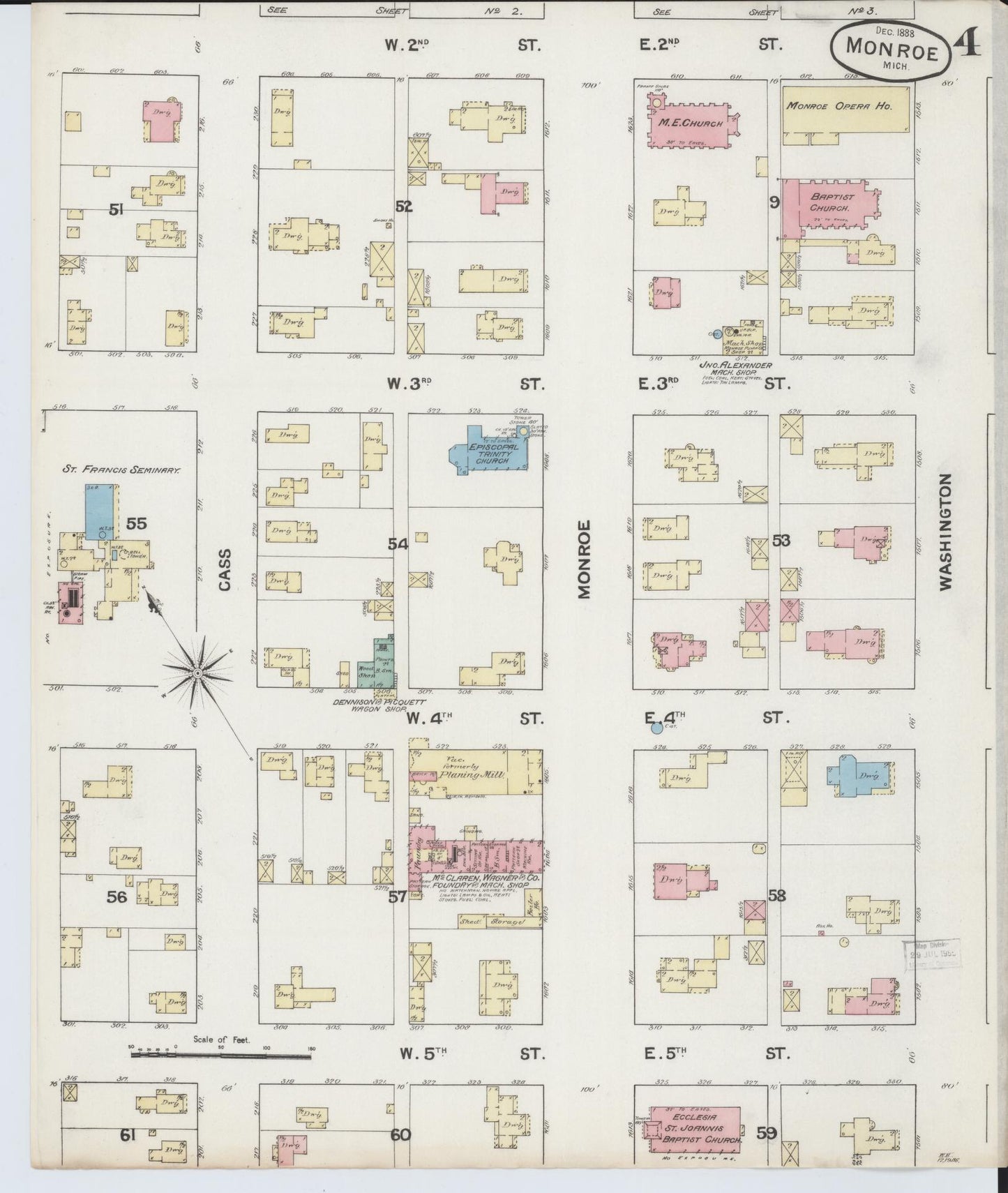 Sanborn Fire Insurance Map from Monroe, Monroe County, Michigan (1888), Sheet #0004 - Historic Sanborn Fire Insurance Map Print, vintage old map wall art, antique decor, genealogy gift, Michigan Michigan map