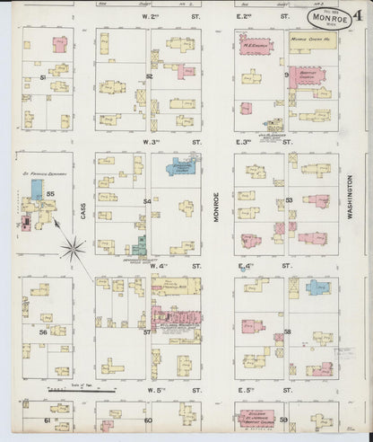 Sanborn Fire Insurance Map from Monroe, Monroe County, Michigan (1888), Sheet #0004 - Historic Sanborn Fire Insurance Map Print, vintage old map wall art, antique decor, genealogy gift, Michigan Michigan map