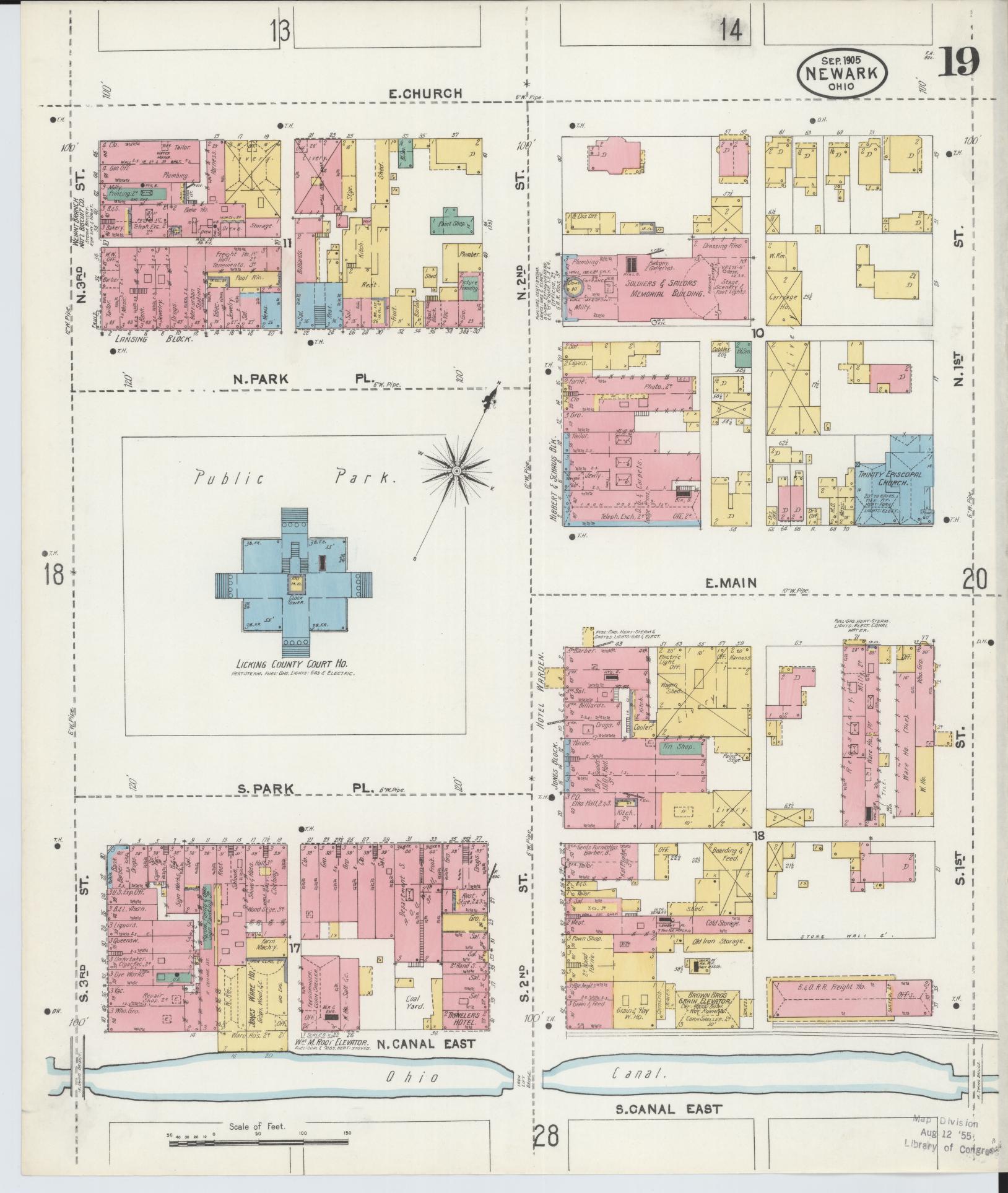 Sanborn Fire Insurance Map from Newark, Licking County, Ohio (1905), Sheet #0019 - Historic Sanborn Fire Insurance Map Print, vintage old map wall art, antique decor, genealogy gift, Ohio Ohio map