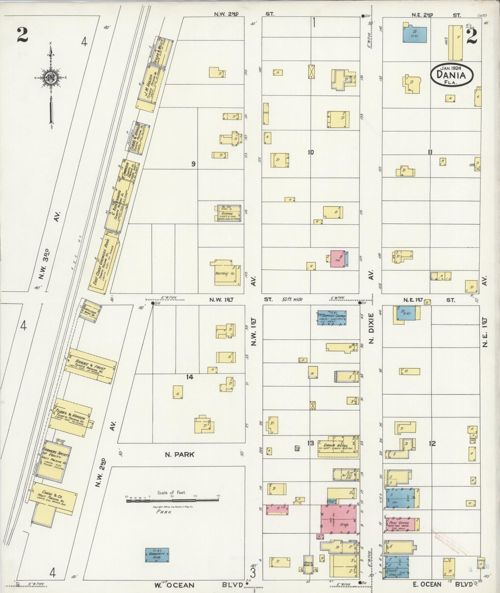 Sanborn Fire Insurance Map from Dania, Broward County, Florida (1924), Sheet #0002 - Historic Sanborn Fire Insurance Map Print, vintage old map wall art, antique decor, genealogy gift, Florida Florida map