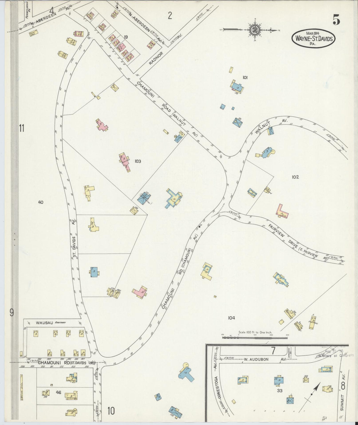 Sanborn Fire Insurance Map from Wayne, Delaware County, Pennsylvania (1914), Sheet #0005 - Historic Sanborn Fire Insurance Map Print, vintage old map wall art, antique decor, genealogy gift, Wayne Delaware map