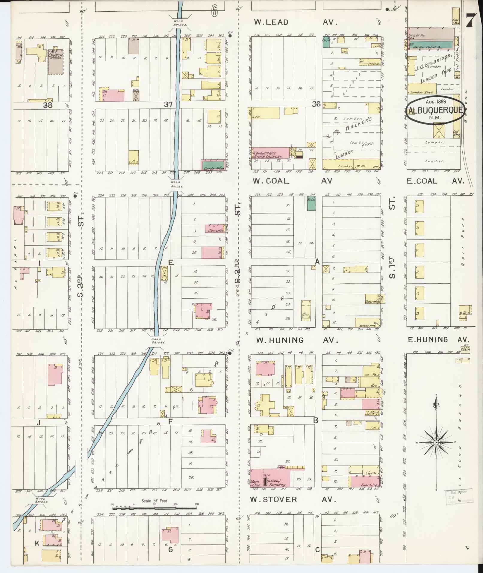 Sanborn Fire Insurance Map from Albuquerque, Bernalillo County, New Mexico (1893), Sheet #0007 - Historic Sanborn Fire Insurance Map Print, vintage old map wall art, antique decor, genealogy gift, New Mexico New Mexico map