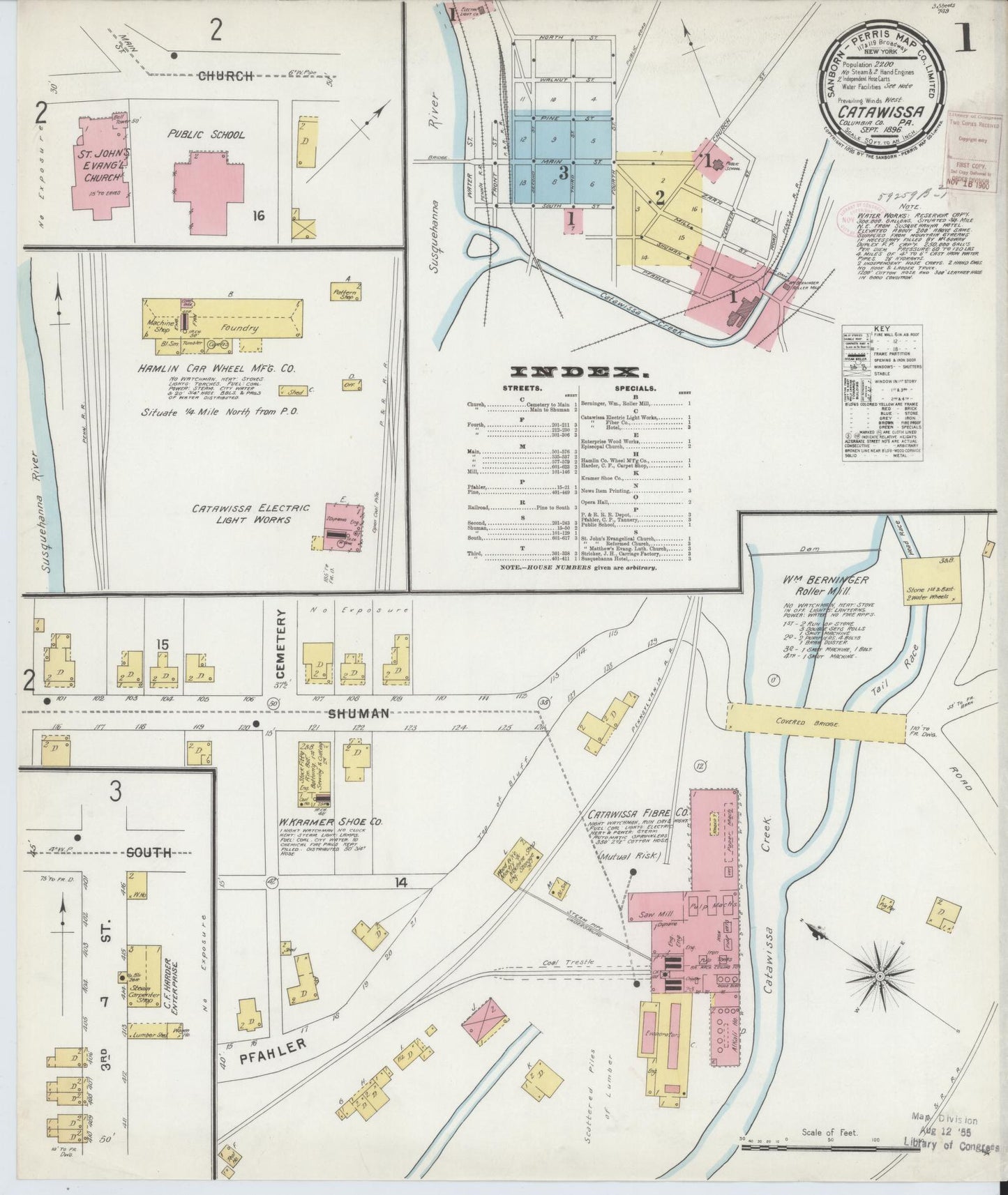 Sanborn Fire Insurance Map from Catawissa, Columbia County, Pennsylvania (1896), Sheet #0001 - Historic Sanborn Fire Insurance Map Print, vintage old map wall art, antique decor, genealogy gift, Pennsylvania Pennsylvania map
