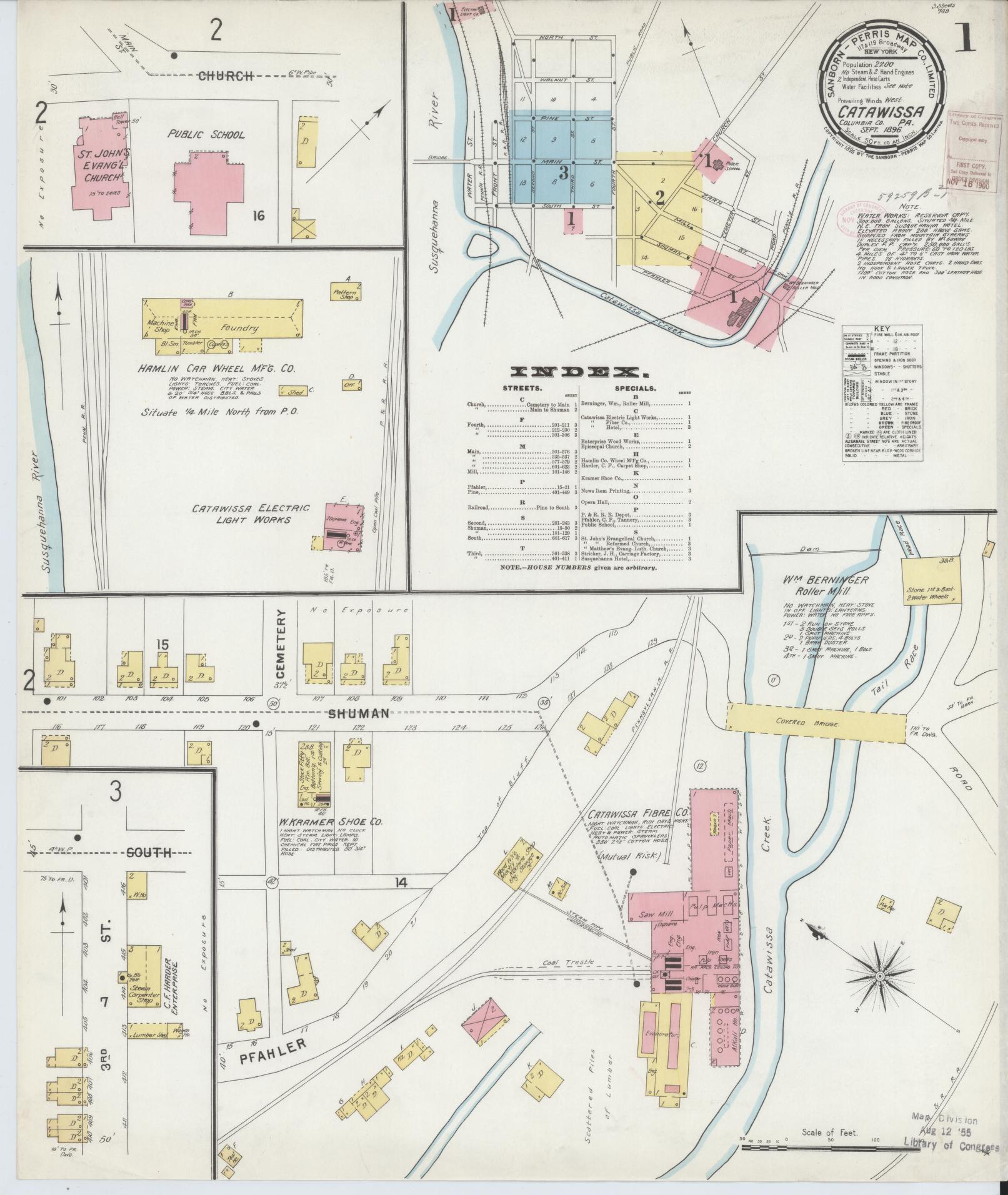 Sanborn Fire Insurance Map from Catawissa, Columbia County, Pennsylvania (1896), Sheet #0001 - Historic Sanborn Fire Insurance Map Print, vintage old map wall art, antique decor, genealogy gift, Pennsylvania Pennsylvania map