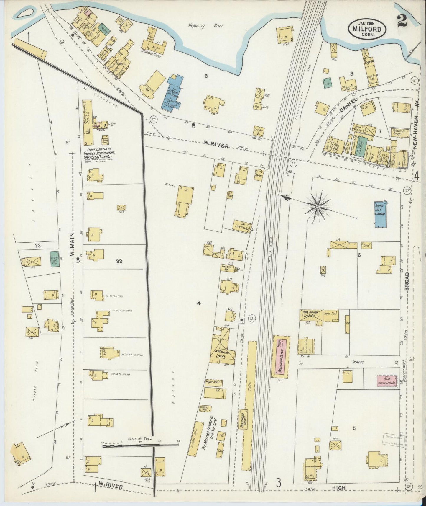 Sanborn Fire Insurance Map from Milford, New Haven County, Connecticut (1906), Sheet #0002 - Historic Sanborn Fire Insurance Map Print, vintage old map wall art, antique decor, genealogy gift, Connecticut Connecticut map