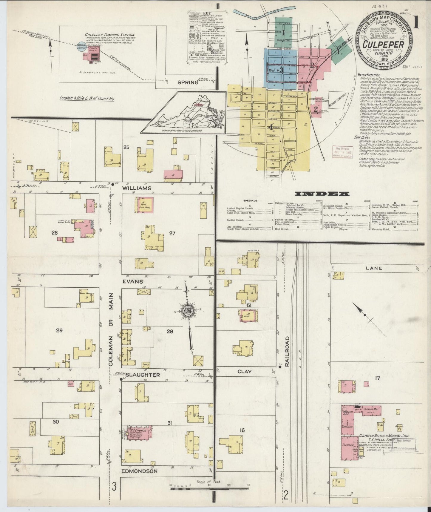 Sanborn Fire Insurance Map from Culpeper, Culpeper County, Virginia (1915), Sheet #0001 - Historic Sanborn Fire Insurance Map Print, vintage old map wall art, antique decor, genealogy gift, Virginia Virginia map