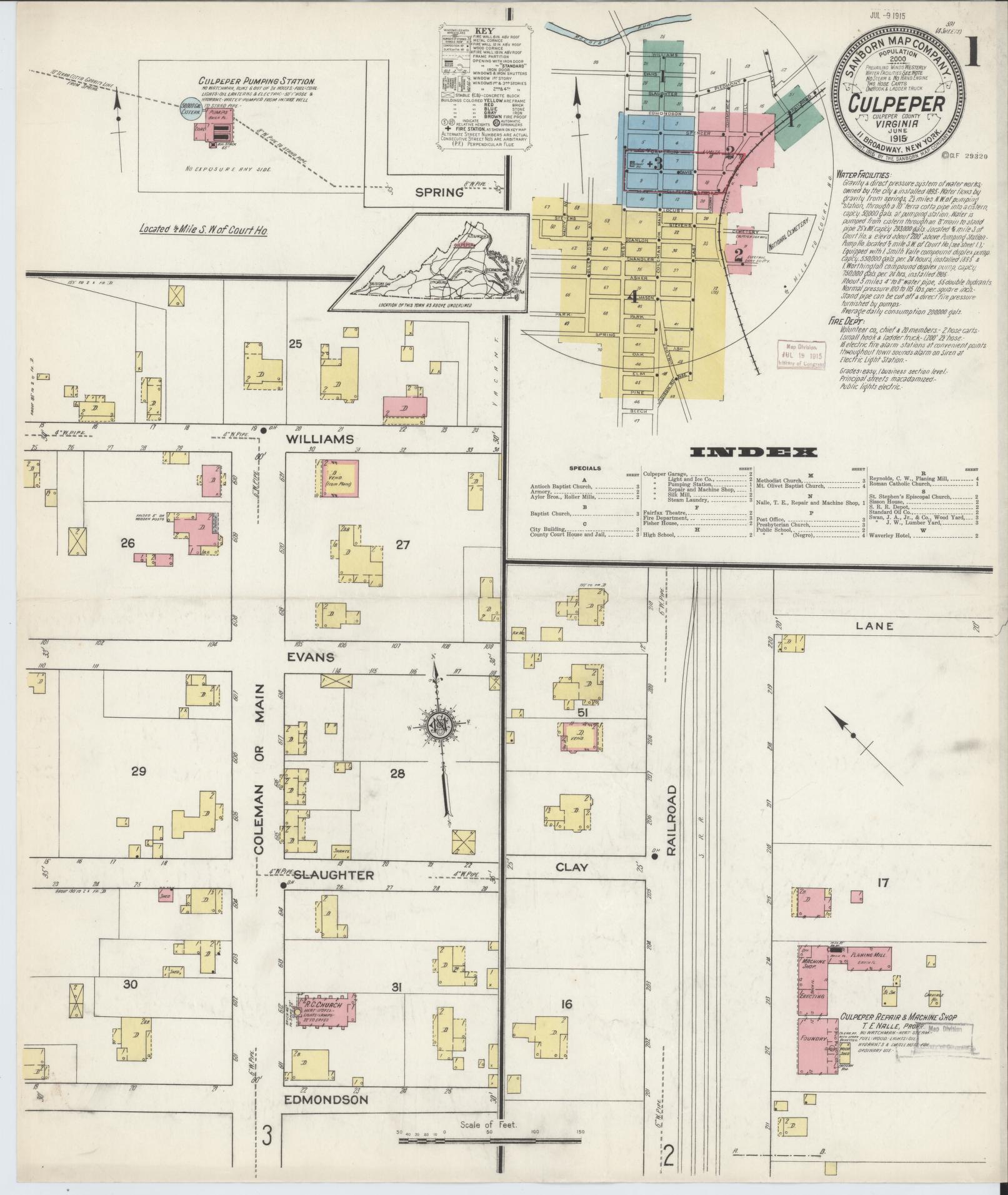Sanborn Fire Insurance Map from Culpeper, Culpeper County, Virginia (1915), Sheet #0001 - Historic Sanborn Fire Insurance Map Print, vintage old map wall art, antique decor, genealogy gift, Virginia Virginia map