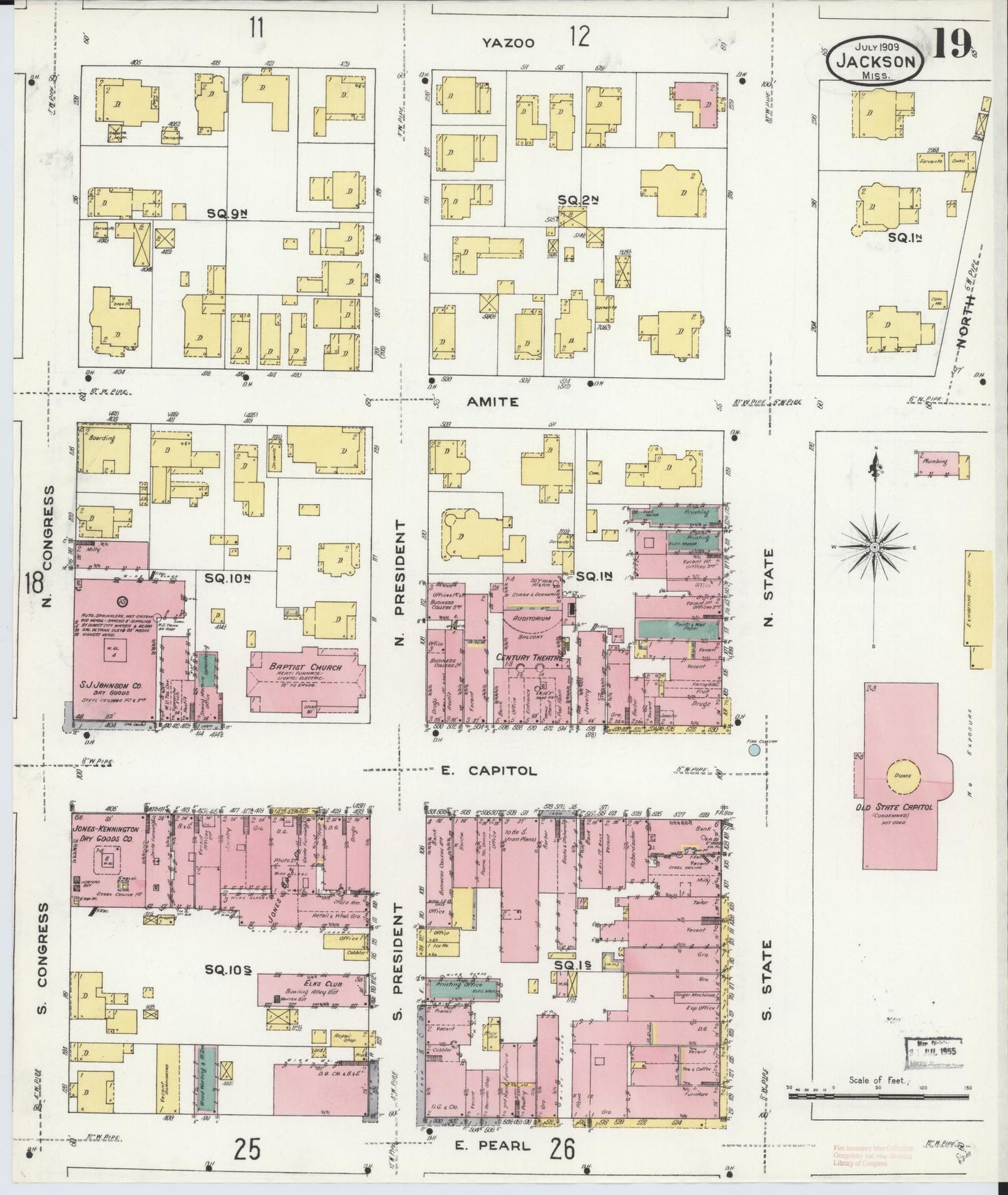 Sanborn Fire Insurance Map from Jackson, Hinds County, Mississippi (1909), Sheet #0019 - Historic Sanborn Fire Insurance Map Print, vintage old map wall art, antique decor, genealogy gift, Mississippi Mississippi map