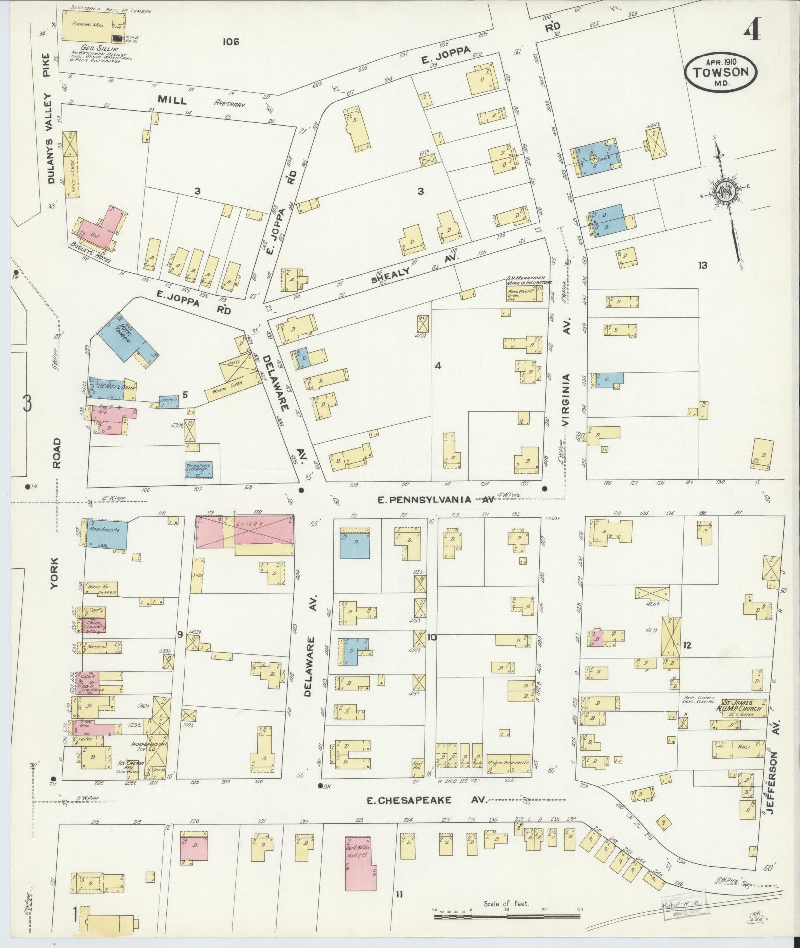 Sanborn Fire Insurance Map from Towson, Baltimore County, Maryland (1910), Sheet #0004 - Historic Sanborn Fire Insurance Map Print, vintage old map wall art