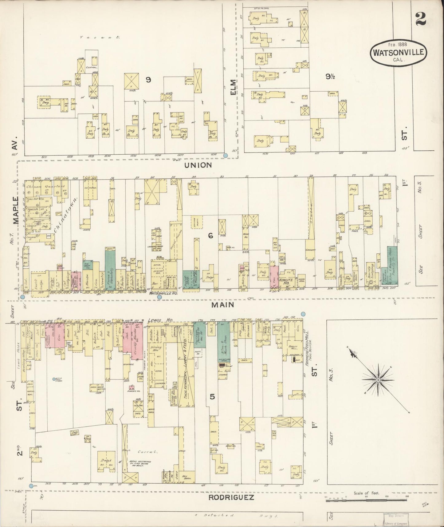 Sanborn Fire Insurance Map from Watsonville, Santa Cruz County, California (1888), Sheet #0002 - Complete Map Set gallery image, historic Sanborn map, vintage wall art, California California