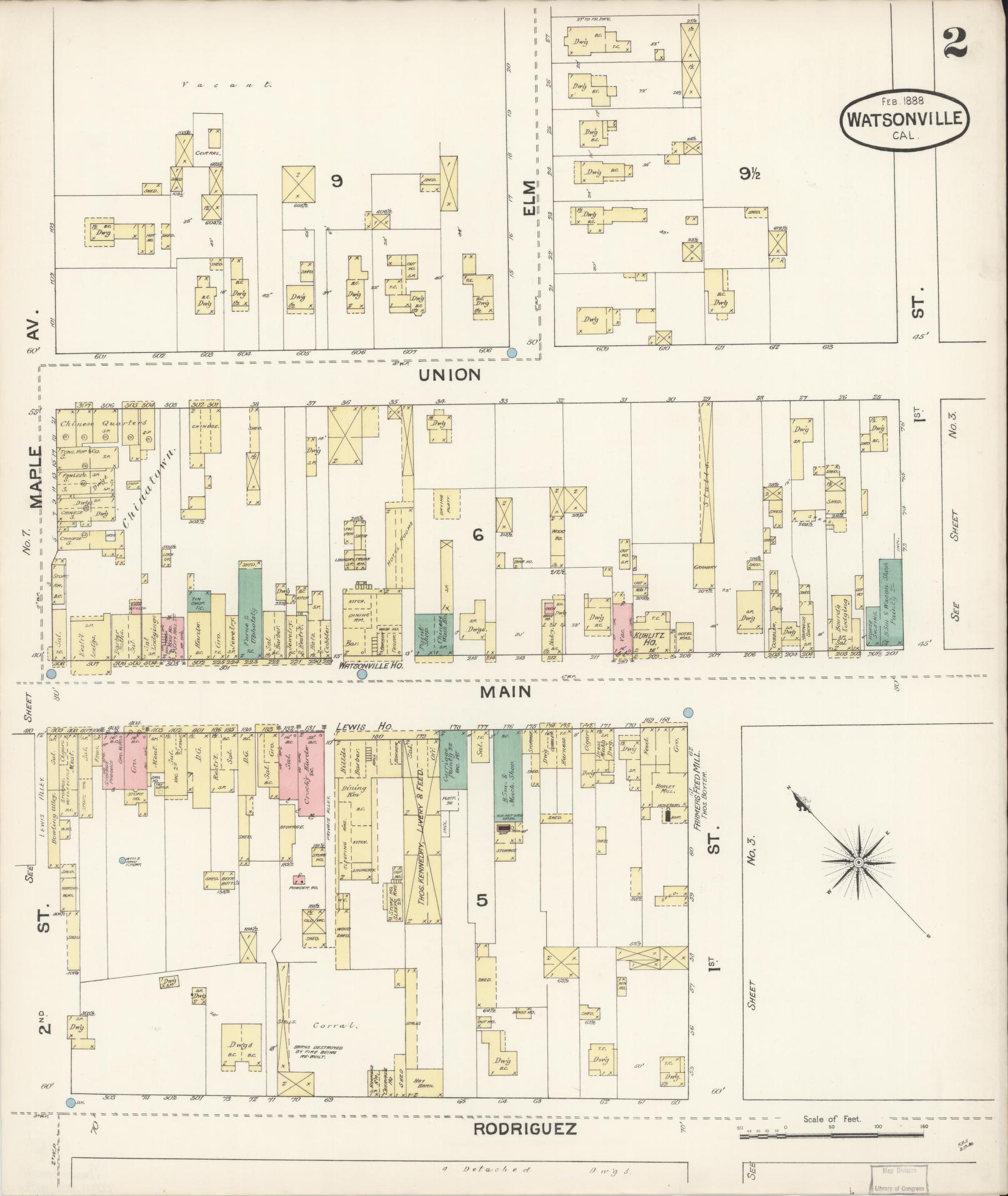 Sanborn Fire Insurance Map from Watsonville, Santa Cruz County, California (1888), Sheet #0002 - Complete Map Set gallery image, historic Sanborn map, vintage wall art, California California