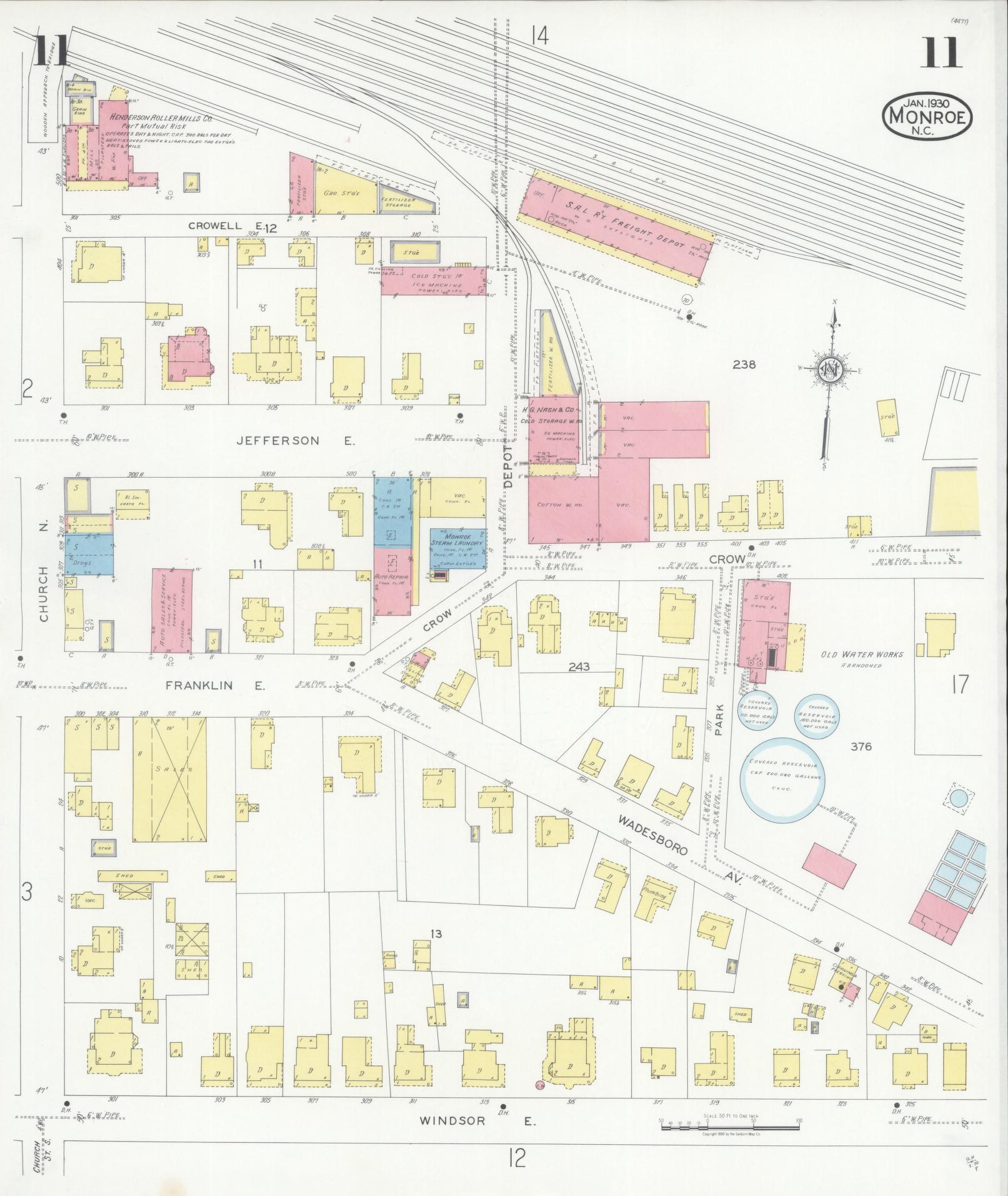 Sanborn Fire Insurance Map from Monroe, Union County, North Carolina (1930), Sheet #0011 - Historic Sanborn Fire Insurance Map Print, vintage old map wall art, antique decor, genealogy gift, North Carolina North Carolina map