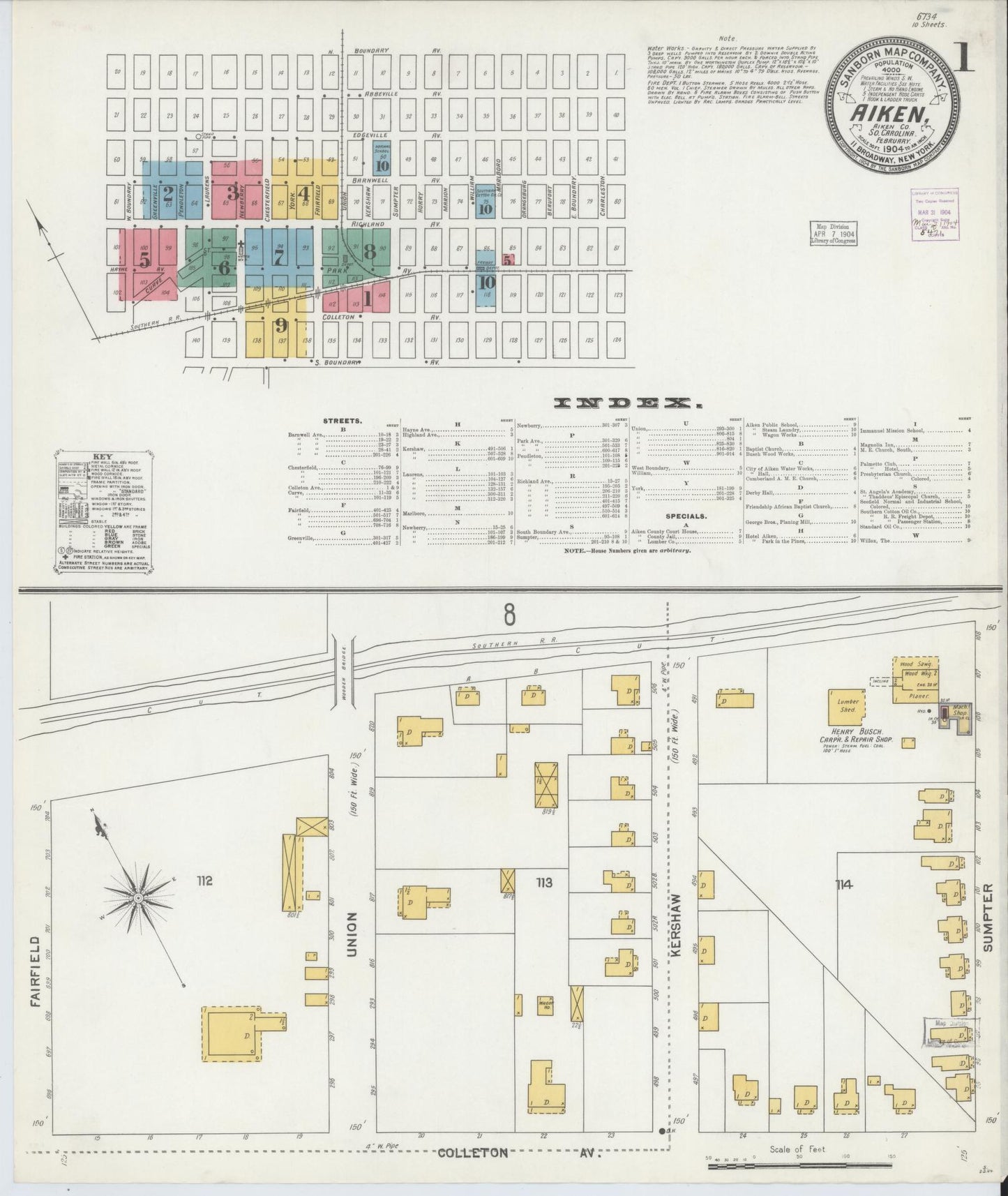 Sanborn Fire Insurance Map from Aiken, Aiken County, South Carolina (1904), Sheet #0001 - Complete Map Set gallery image, historic Sanborn map, vintage wall art, South Carolina South Carolina