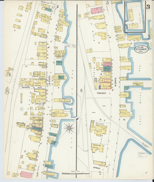 Sanborn Fire Insurance Map from Saint Ignace, Mackinac County, Michigan (1907), Sheet #0003 - Historic Sanborn Fire Insurance Map Print, vintage old map wall art, antique decor, genealogy gift, Michigan Michigan map