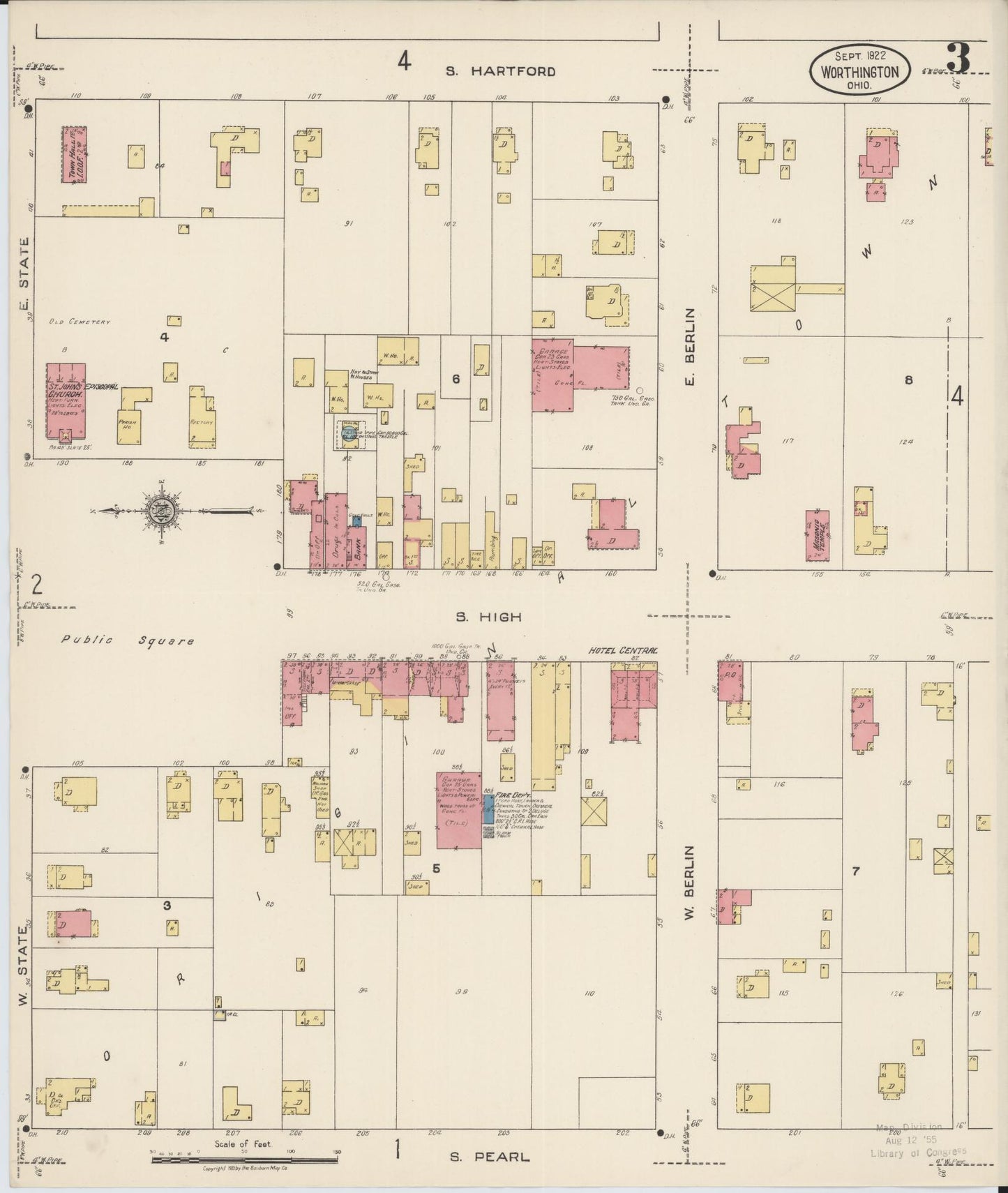 Sanborn Fire Insurance Map from Worthington, Franklin County, Ohio (1922), Sheet #0003 - Historic Sanborn Fire Insurance Map Print, vintage old map wall art, antique decor, genealogy gift, Ohio Ohio map