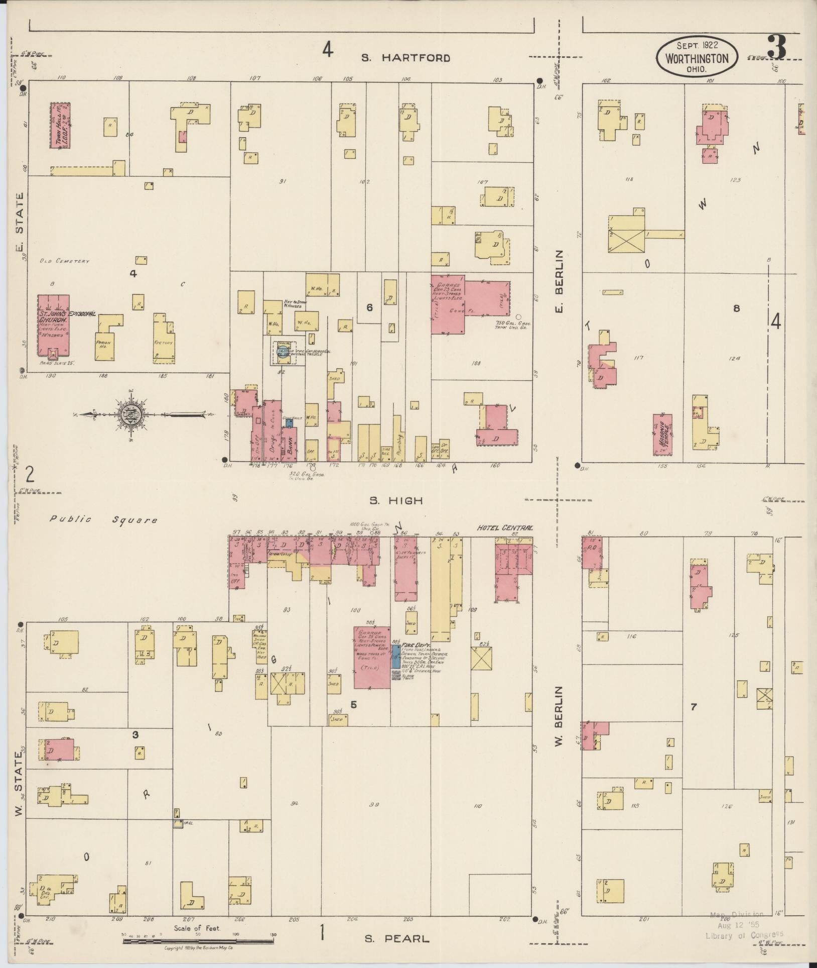 Sanborn Fire Insurance Map from Worthington, Franklin County, Ohio (1922), Sheet #0003 - Historic Sanborn Fire Insurance Map Print, vintage old map wall art, antique decor, genealogy gift, Ohio Ohio map