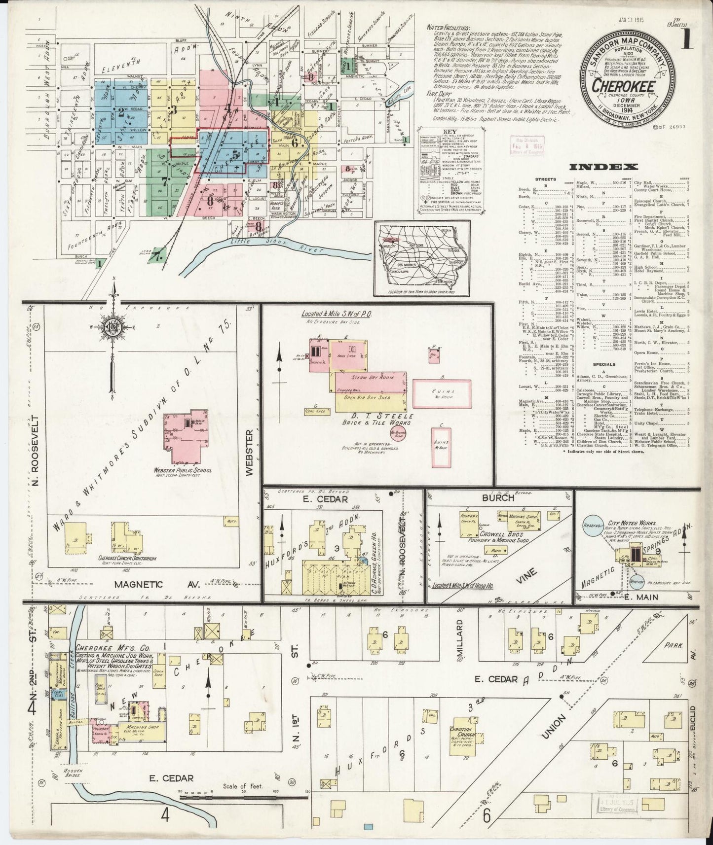 Sanborn Fire Insurance Map from Cherokee, Cherokee County, Iowa (1914), Sheet #0001 - Historic Sanborn Fire Insurance Map Print, vintage old map wall art