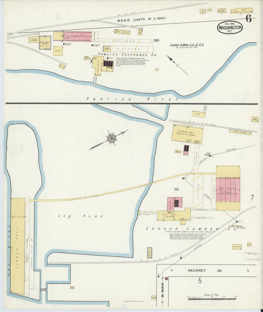 Sanborn Fire Insurance Map from Washington, Beaufort County, North Carolina (1916), Sheet #0006 - Historic Sanborn Fire Insurance Map Print, vintage old map wall art, antique decor, genealogy gift, Washington Washington map
