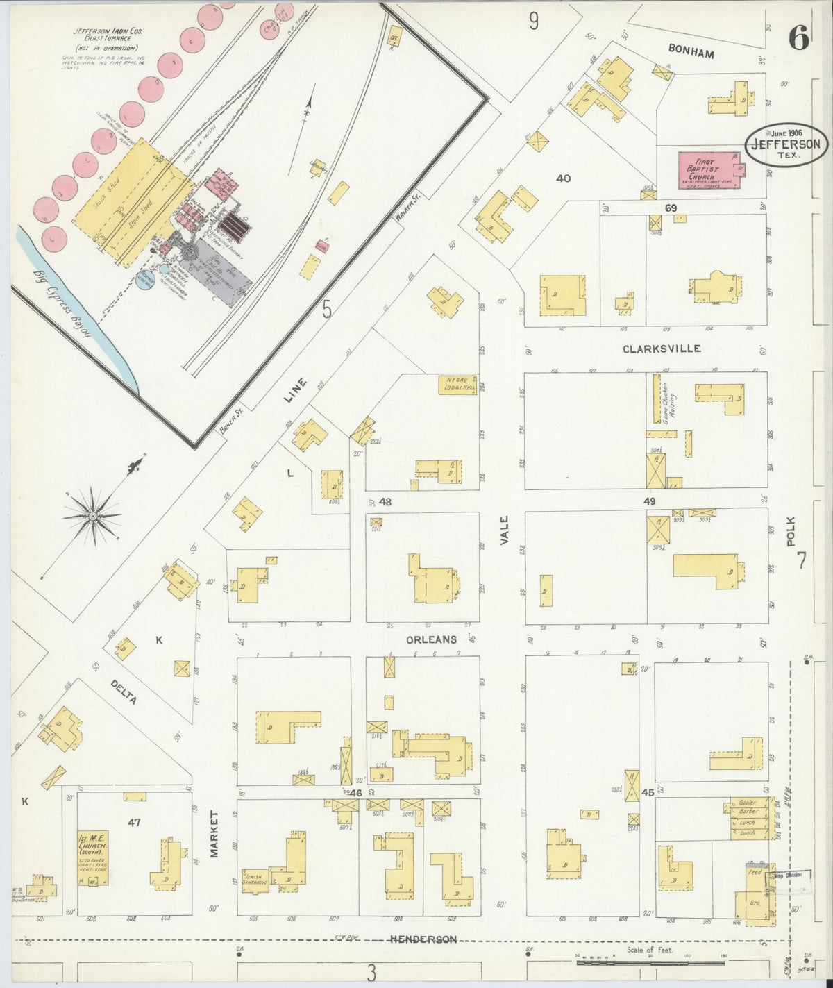 Sanborn Fire Insurance Map from Jefferson, Marion County, Texas (1906), Sheet #0006 - Historic Sanborn Fire Insurance Map Print, vintage old map wall art, antique decor, genealogy gift, Texas Texas map