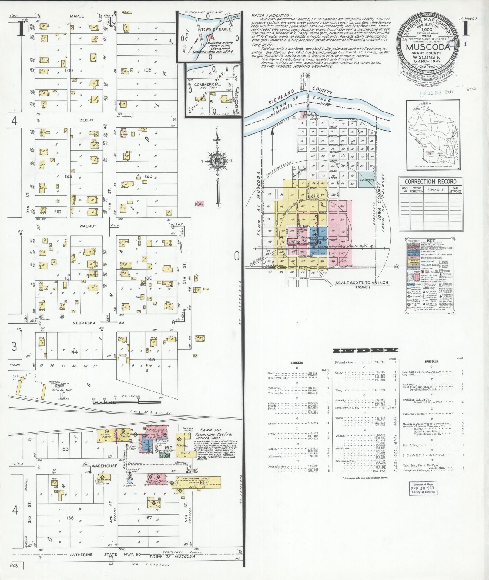 Sanborn Fire Insurance Map from Muscoda, Grant County, Wisconsin (1949), Sheet #0001 - Complete Map Set gallery image, historic Sanborn map, vintage wall art, Wisconsin Wisconsin