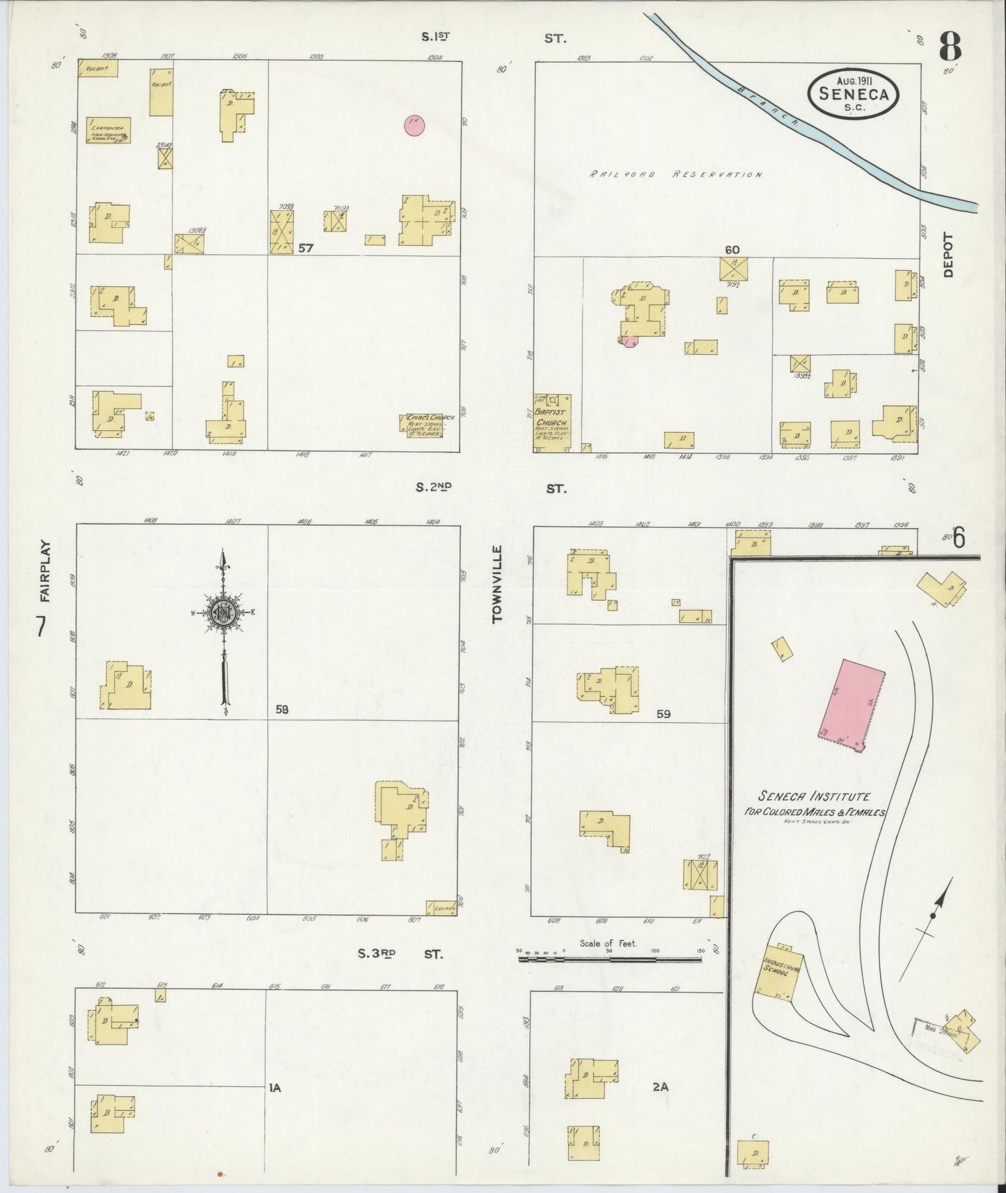 Sanborn Fire Insurance Map from Seneca, Oconee County, South Carolina (1911), Sheet #0008 - Historic Sanborn Fire Insurance Map Print, vintage old map wall art, antique decor, genealogy gift, South Carolina South Carolina map