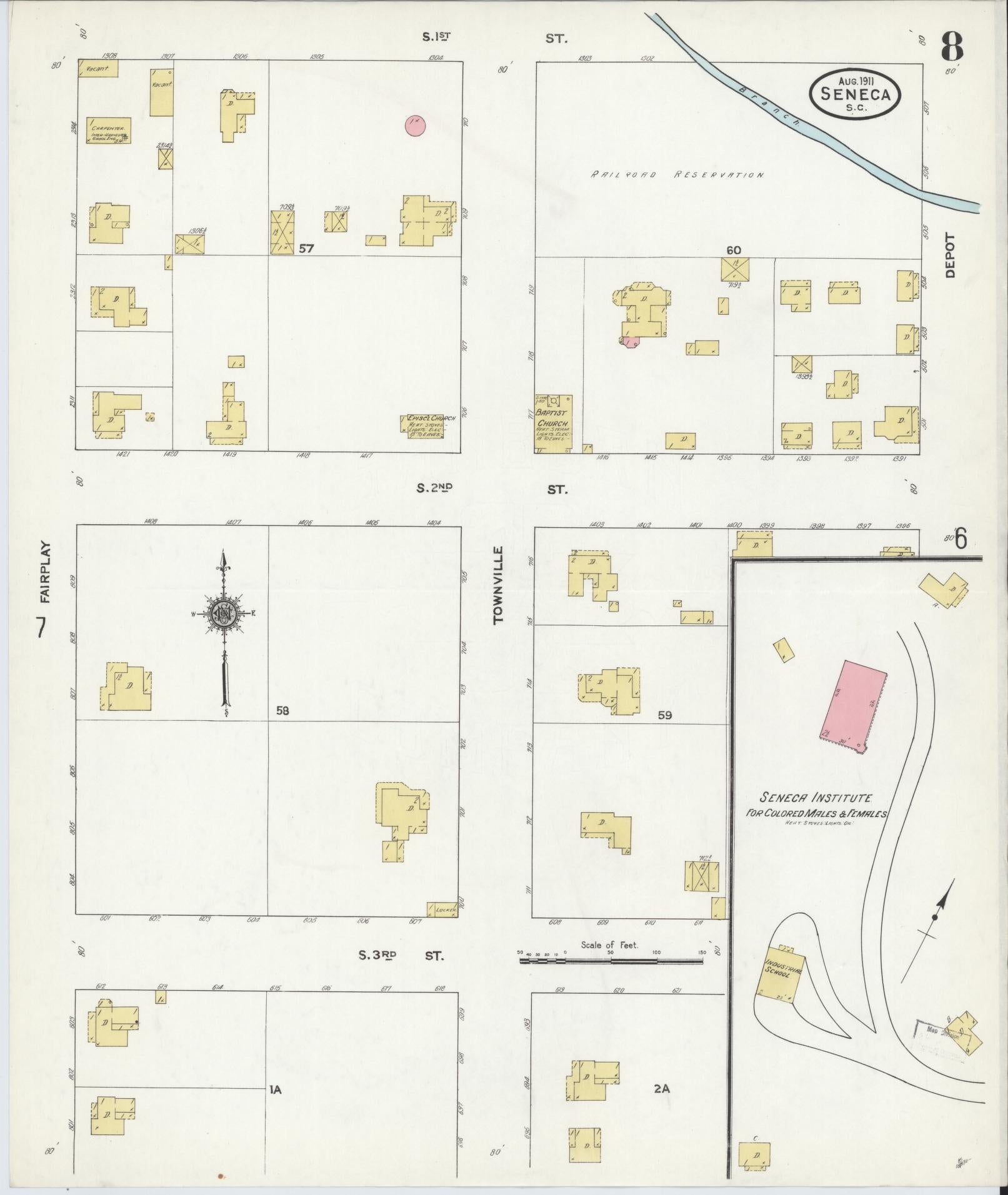 Sanborn Fire Insurance Map from Seneca, Oconee County, South Carolina (1911), Sheet #0008 - Historic Sanborn Fire Insurance Map Print, vintage old map wall art, antique decor, genealogy gift, South Carolina South Carolina map