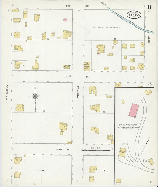 Sanborn Fire Insurance Map from Seneca, Oconee County, South Carolina (1911), Sheet #0008 - Historic Sanborn Fire Insurance Map Print, vintage old map wall art, antique decor, genealogy gift, South Carolina South Carolina map