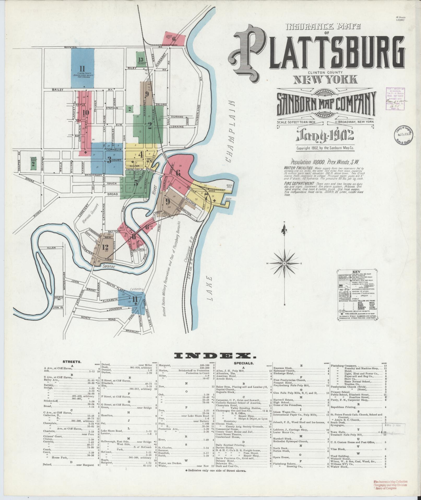 Sanborn Fire Insurance Map from Plattsburg, Clinton County, New York (1902), Sheet #0001 - Complete Map Set gallery image, historic Sanborn map, vintage wall art, New York New York