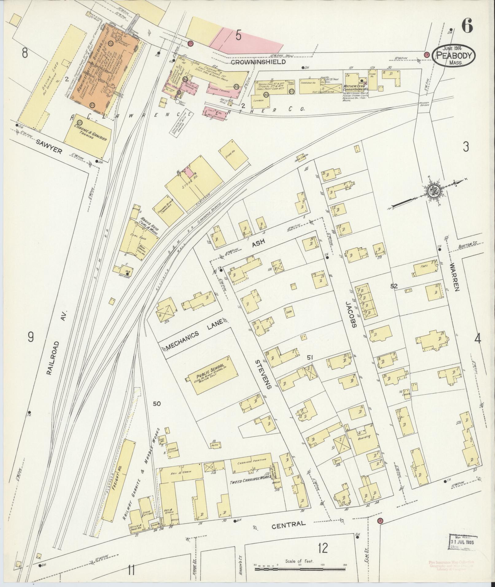 Sanborn Fire Insurance Map from Peabody, Essex County, Massachusetts (1914), Sheet #0006 - Historic Sanborn Fire Insurance Map Print, vintage old map wall art, antique decor, genealogy gift, Massachusetts Massachusetts map