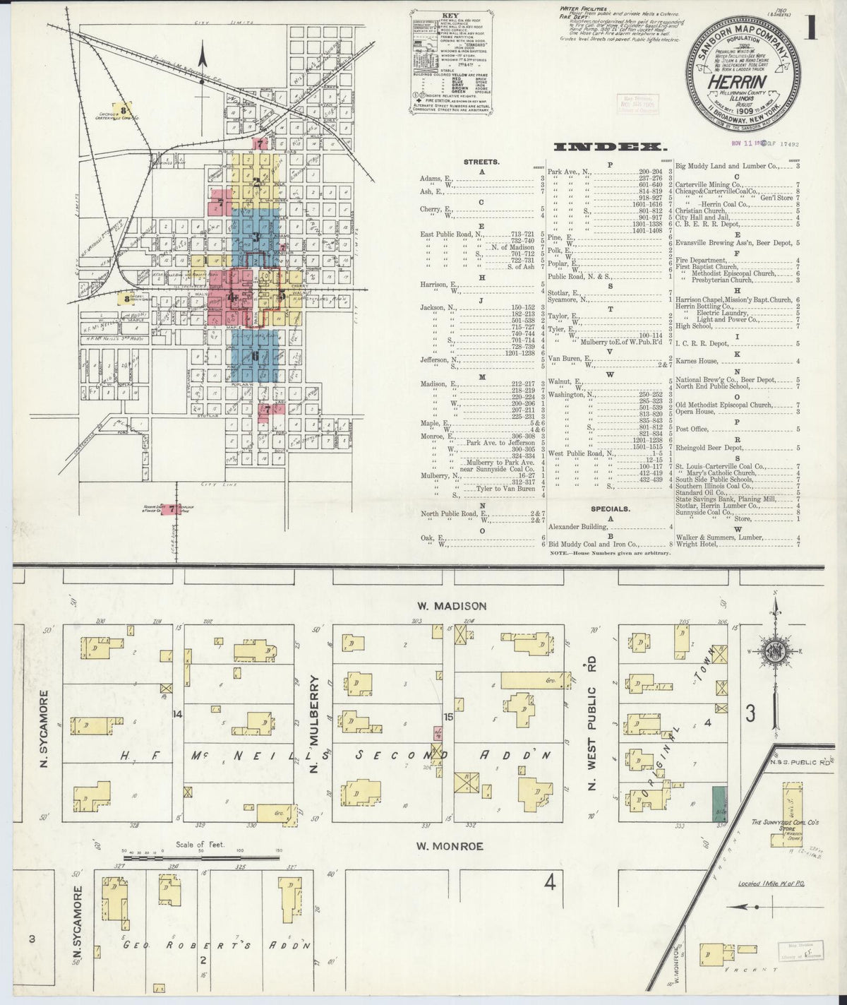 Sanborn Fire Insurance Map from Herrin, Williamson County, Illinois (1909), Sheet #0001 - Historic Sanborn Fire Insurance Map Print, vintage old map wall art, antique decor, genealogy gift, Illinois Illinois map