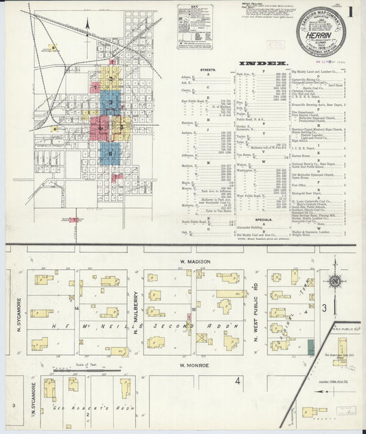 Sanborn Fire Insurance Map from Herrin, Williamson County, Illinois (1909), Sheet #0001 - Historic Sanborn Fire Insurance Map Print, vintage old map wall art, antique decor, genealogy gift, Illinois Illinois map