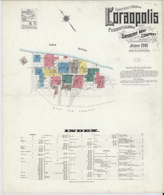 Sanborn Fire Insurance Map from Coraopolis, Allegheny County, Pennsylvania (1911), Sheet #0001 - Historic Sanborn Fire Insurance Map Print, vintage old map wall art, antique decor, genealogy gift, Pennsylvania Pennsylvania map