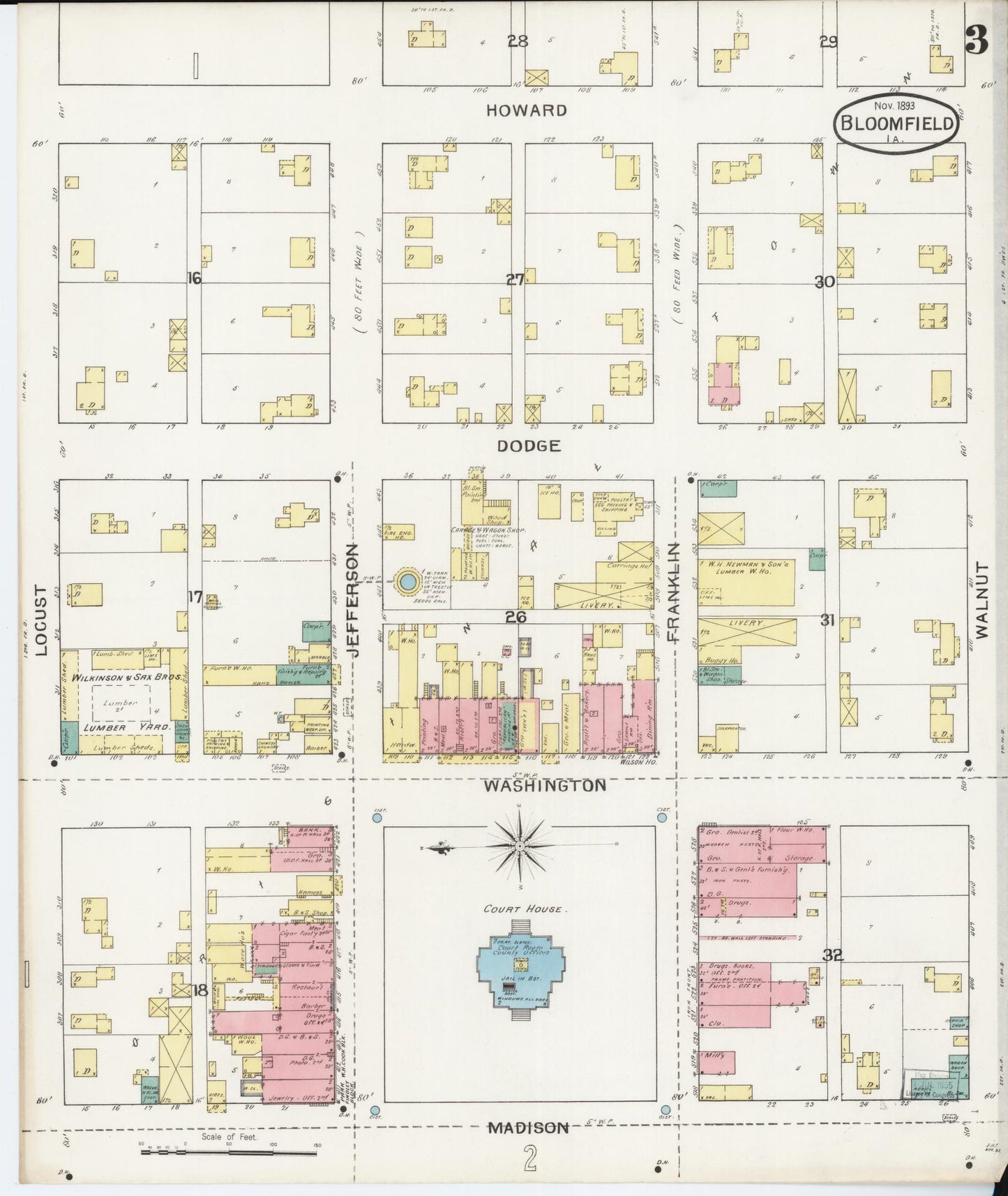 Sanborn Fire Insurance Map from Bloomfield, Davis County, Iowa (1893), Sheet #0003 - Historic Sanborn Fire Insurance Map Print, vintage old map wall art