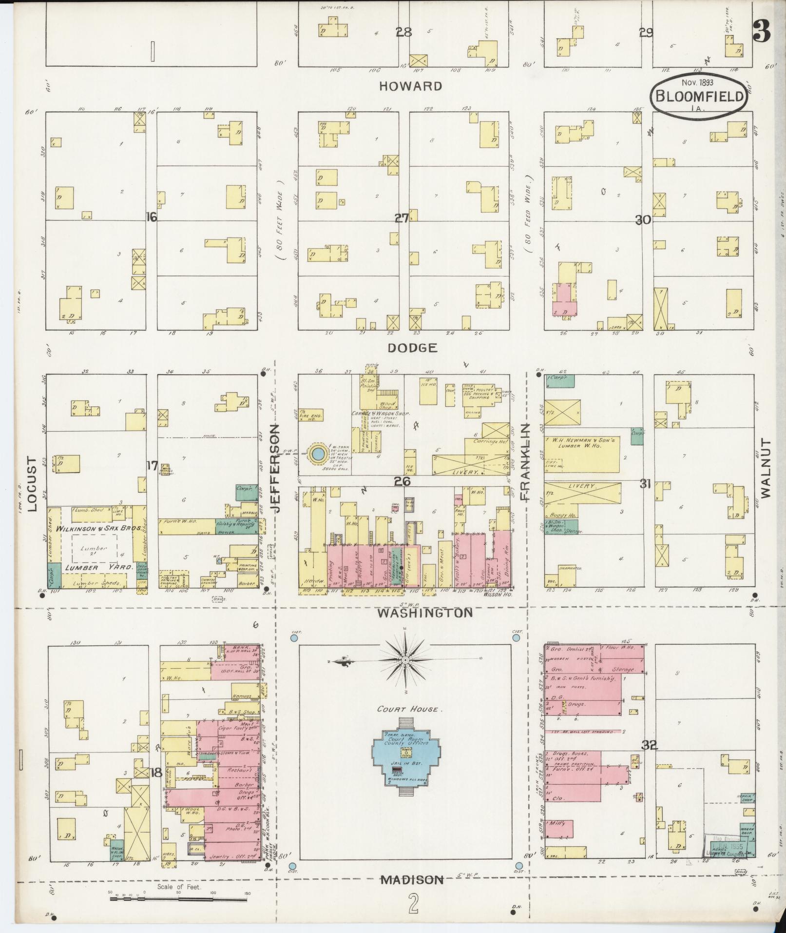 Sanborn Fire Insurance Map from Bloomfield, Davis County, Iowa (1893), Sheet #0003 - Historic Sanborn Fire Insurance Map Print, vintage old map wall art