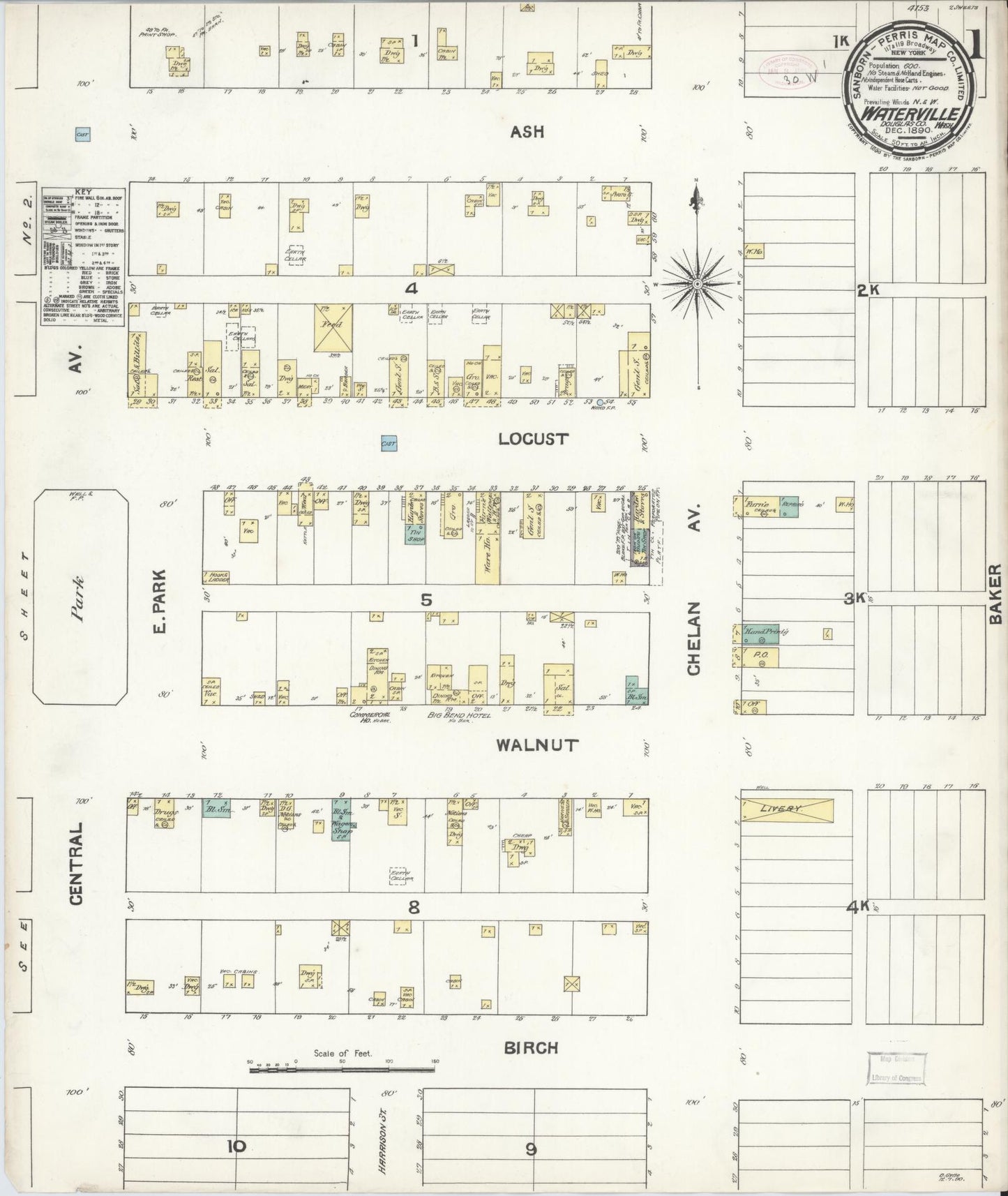 Sanborn Fire Insurance Map from Waterville, Douglas County, Washington (1890), Sheet #0001 - Historic Sanborn Fire Insurance Map Print, vintage old map wall art, antique decor, genealogy gift, Washington Washington map