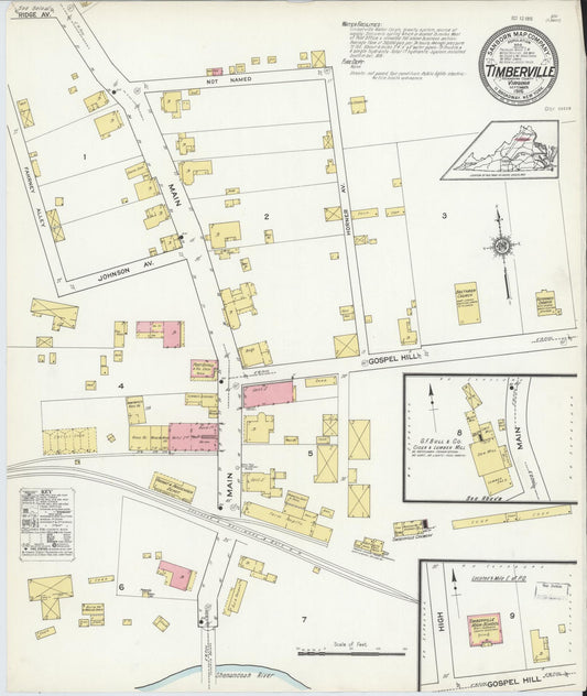 Sanborn Fire Insurance Map from Timberville, Rockingham County, Virginia (1915), Sheet #0001 - Historic Sanborn Fire Insurance Map Print, vintage old map wall art, antique decor, genealogy gift, Virginia Virginia map