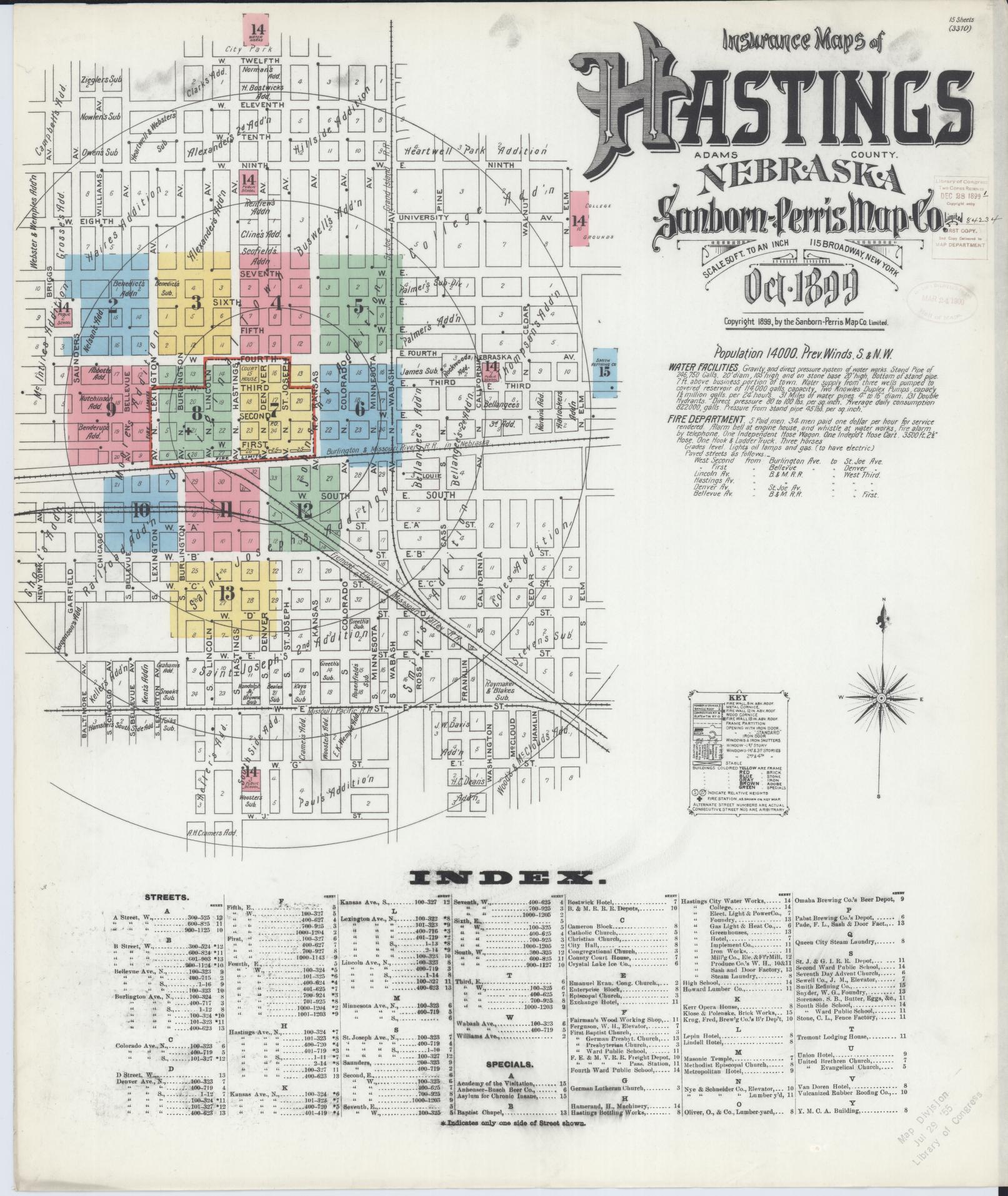 Sanborn Fire Insurance Map from Hastings, Adams County, Nebraska (1899), Sheet #0001 - Historic Sanborn Fire Insurance Map Print, vintage old map wall art, antique decor, genealogy gift, Nebraska Nebraska map