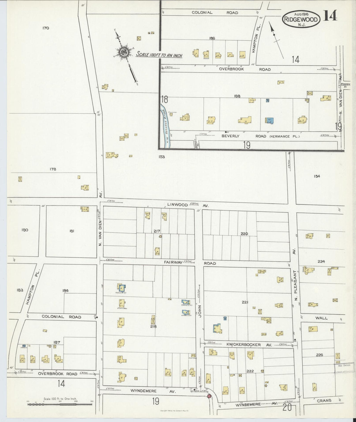 Sanborn Fire Insurance Map from Ridgewood, Bergen County, New Jersey (1916), Sheet #0014 - Complete Map Set gallery image, historic Sanborn map, vintage wall art, New Jersey New Jersey