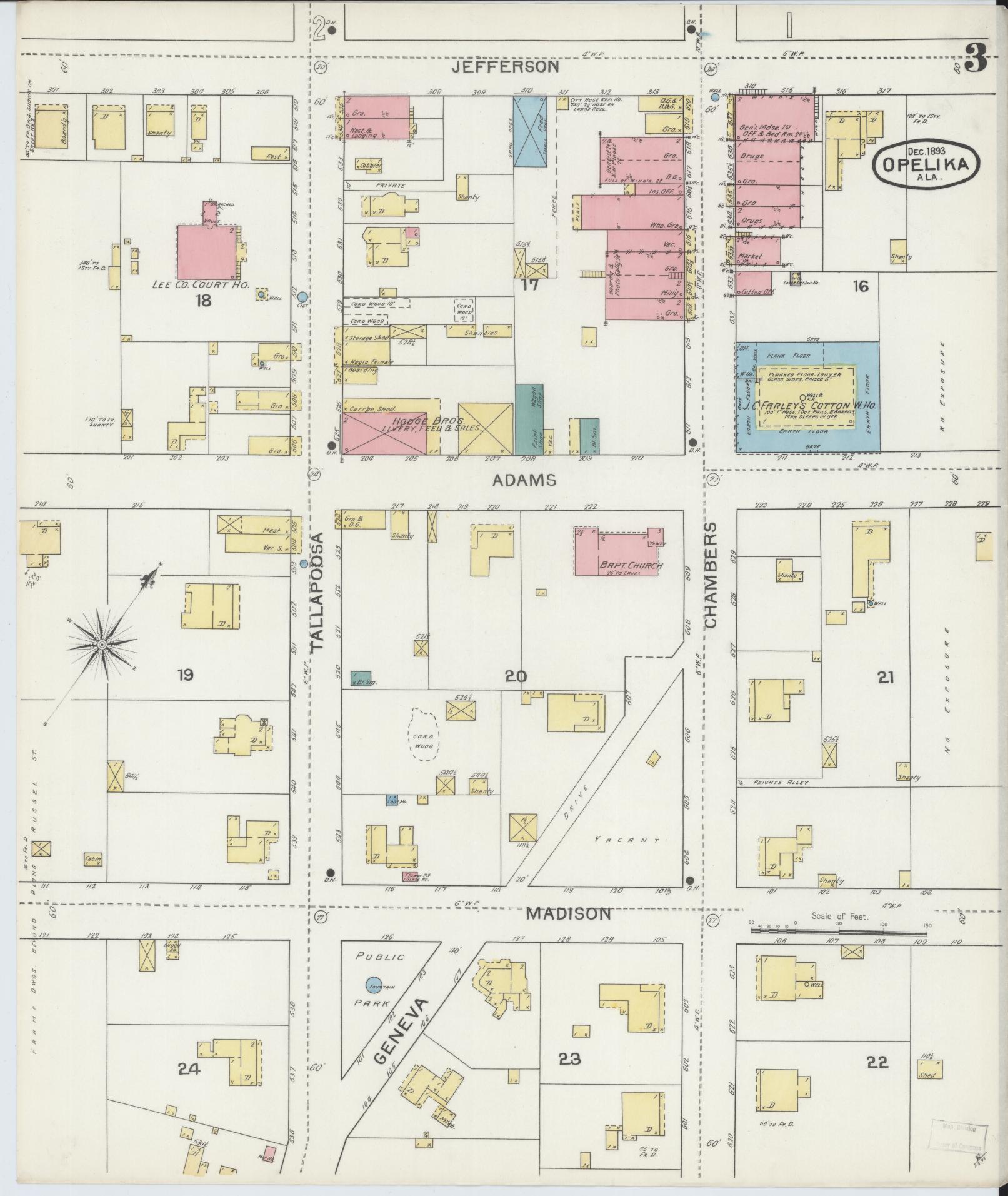 Sanborn Fire Insurance Map from Opelika, Lee County, Alabama (1893), Sheet #0003 - Complete Map Set gallery image, historic Sanborn map, vintage wall art, Alabama Alabama